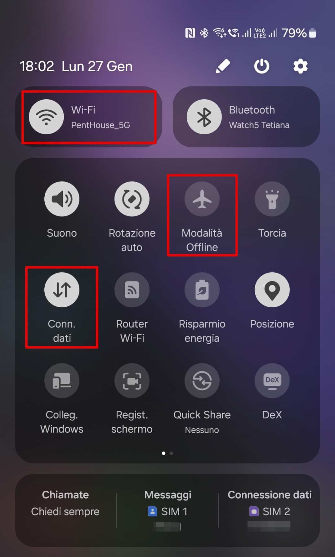 Aprite il pannello superiore del cellulare e verificate che Internet sia attivo