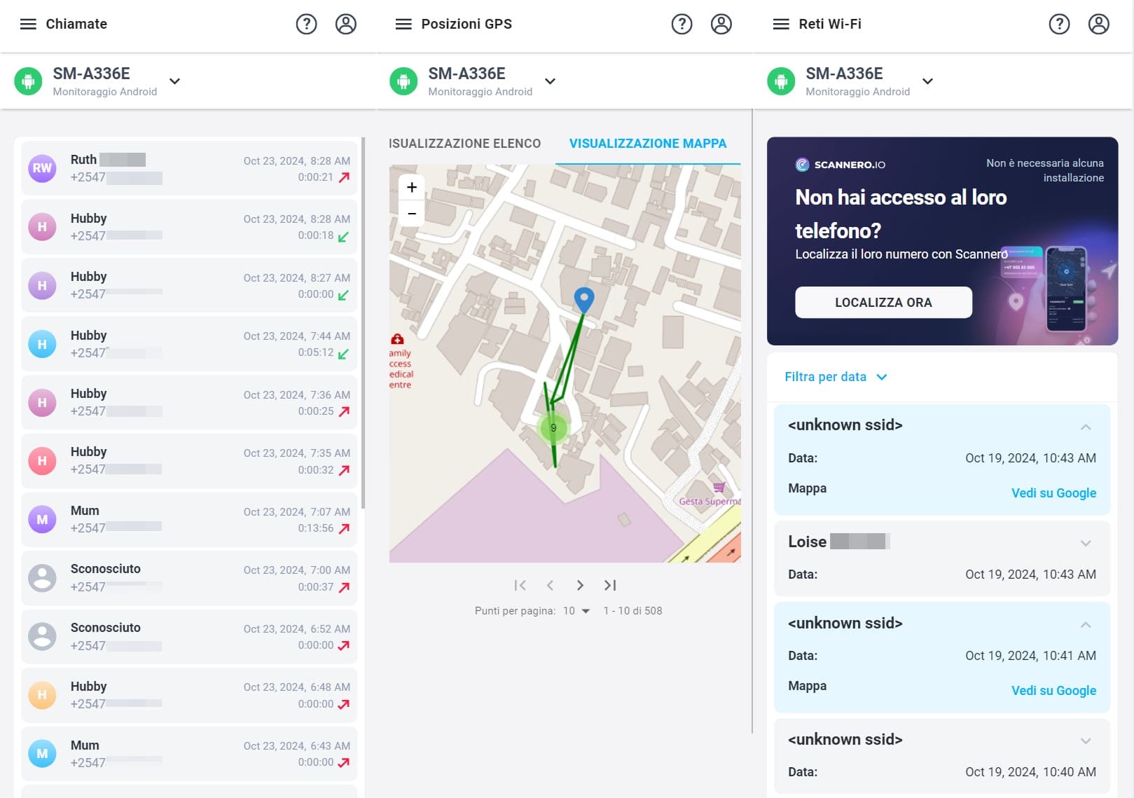 Interfaccia del cruscotto di mSpy, visualizzazione del registro delle chiamate, tracciamento della posizione GPS con visualizzazione della mappa e dettagli della connessione Wi-Fi