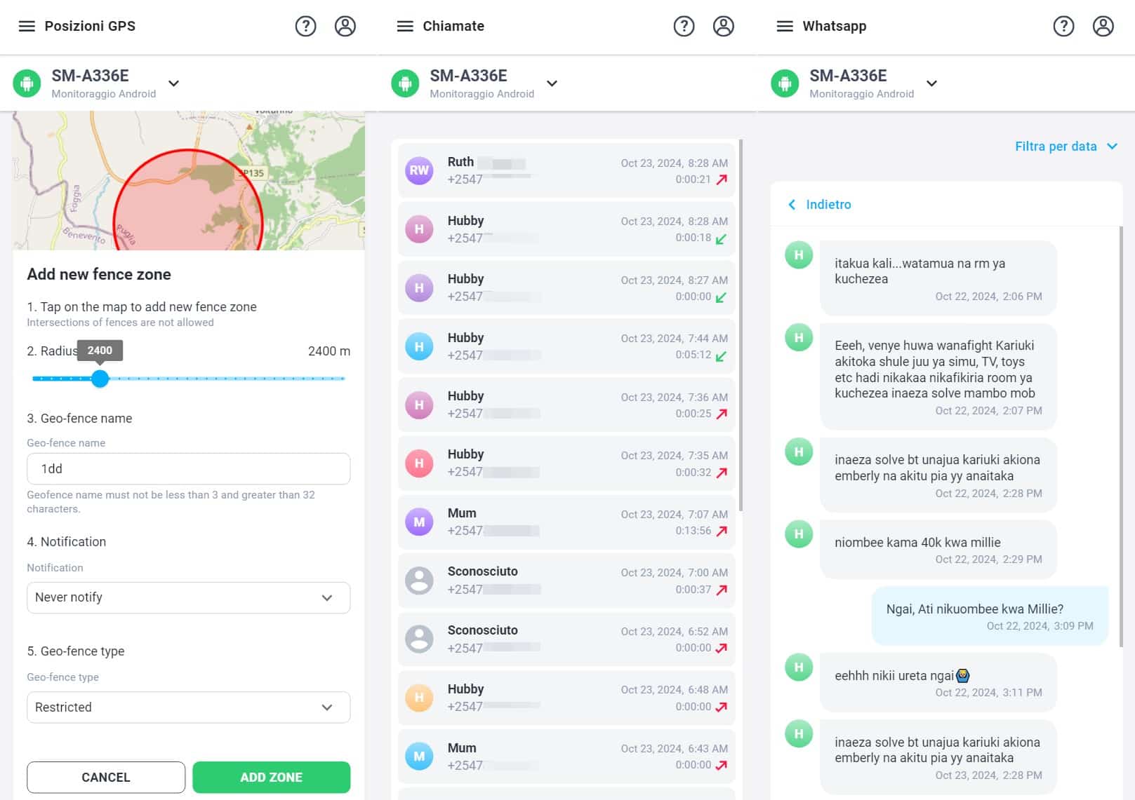 Interfaccia della dashboard di mSpy, tracciamento della posizione GPS con aggiunta di geo-fencing, visualizzazione del registro delle chiamate e dei messaggi Watsapp