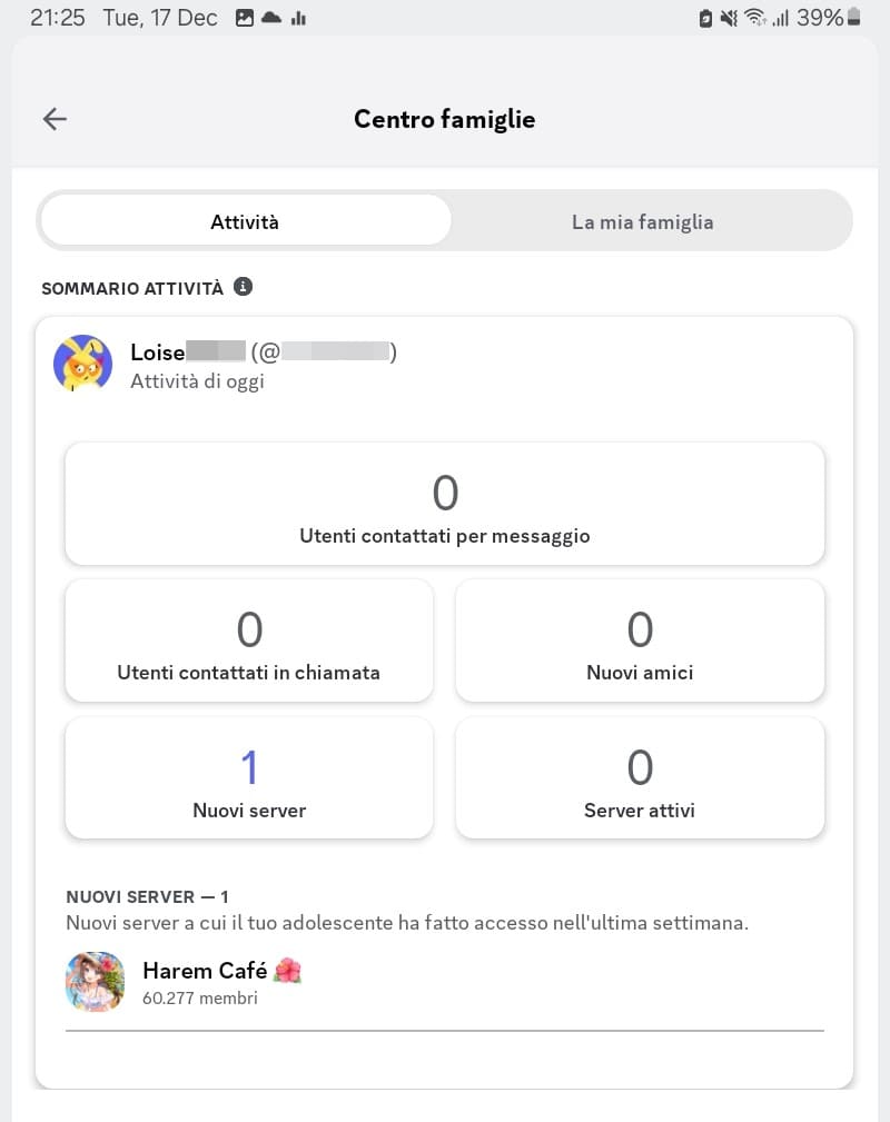 Discord Family Center che mostra informazioni dettagliate sull'attività dell'adolescente, compresi parametri quali il numero di messaggi, le chiamate e gli amici aggiunti
