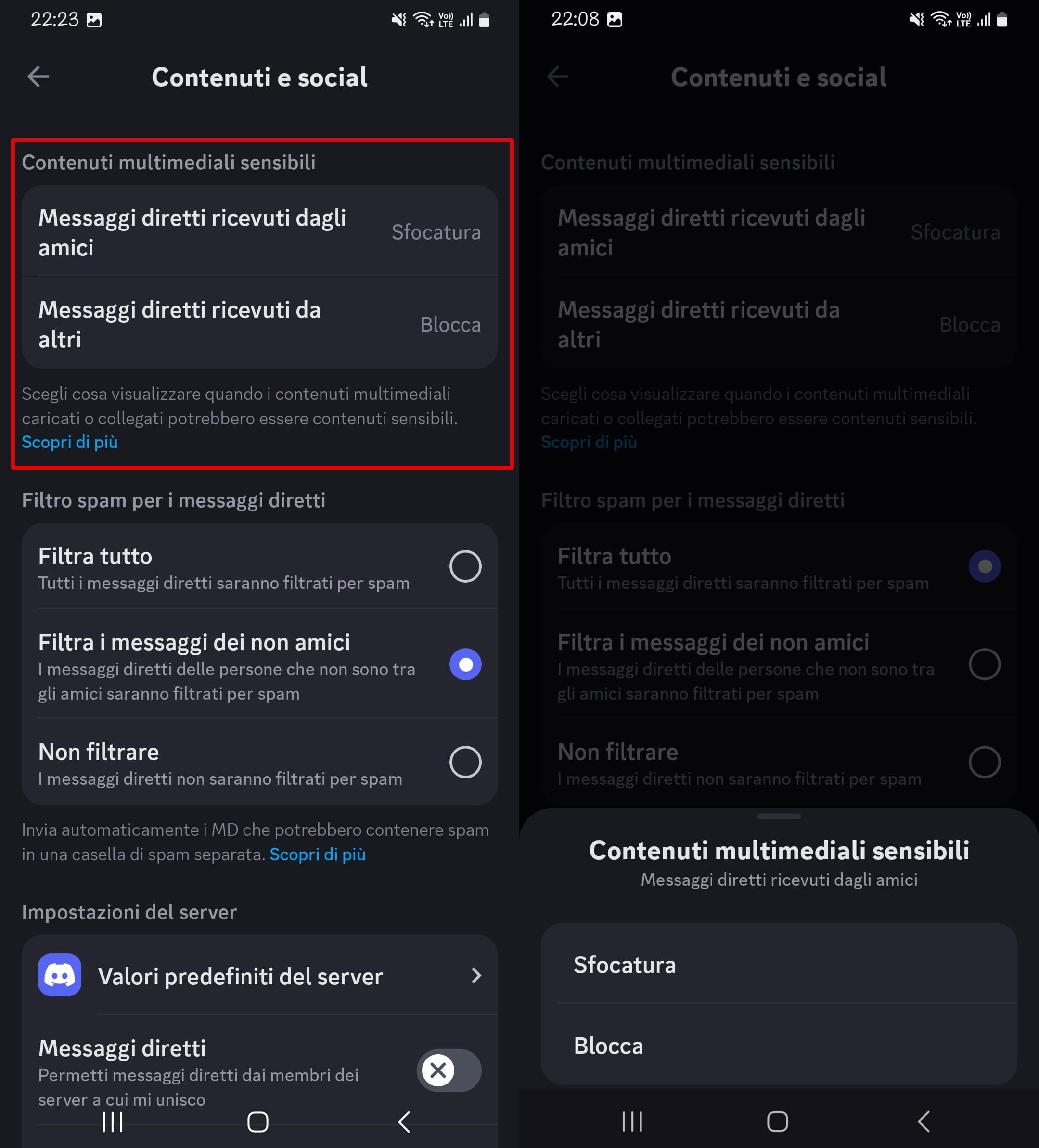 Impostazioni di "Content & Social" su Discord, con opzioni per gestire informazioni sensibili, configurare impostazioni e scegliere tra azioni come sfocare o bloccare