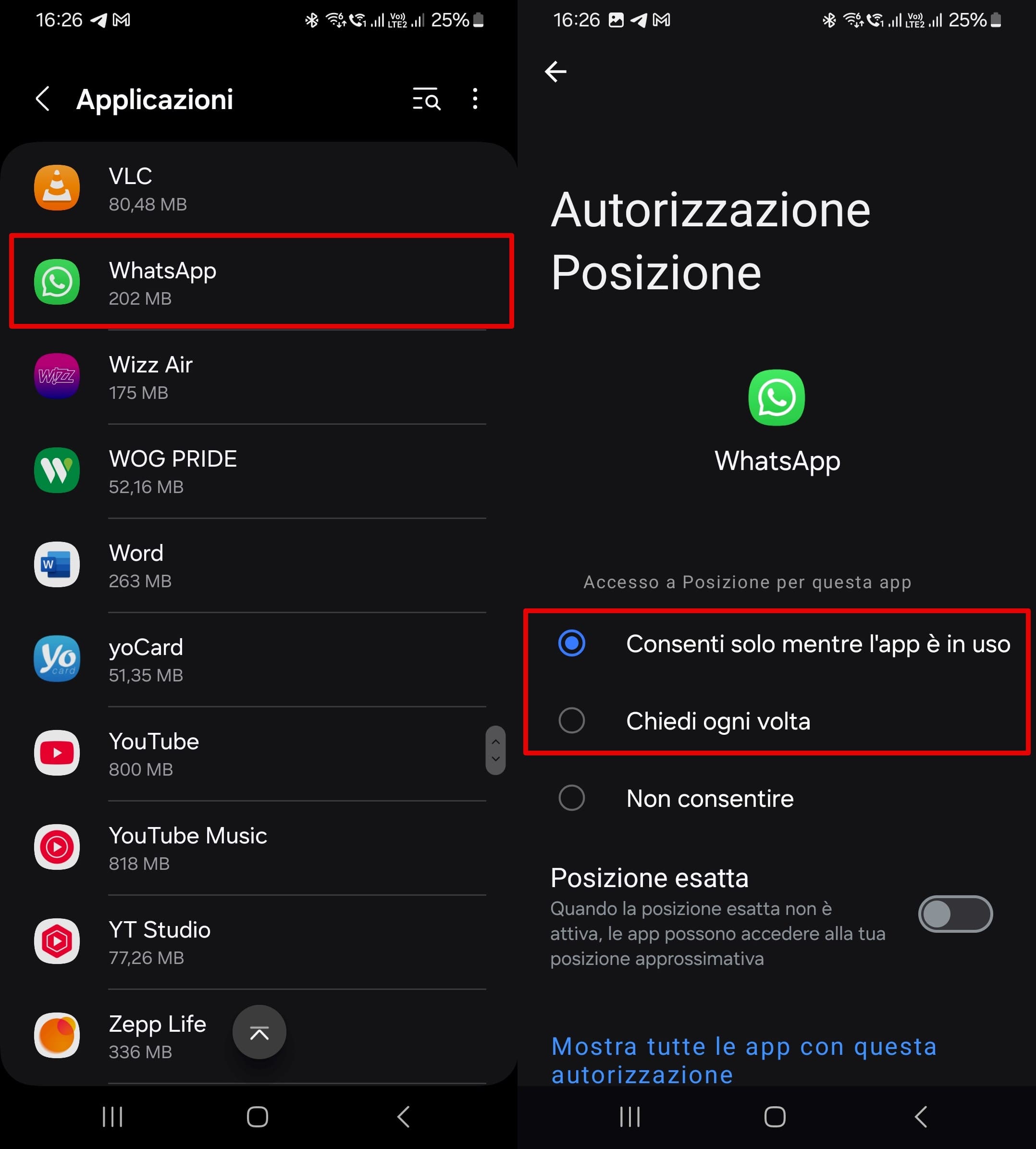 Per consentire l'accesso alla posizione per WhatsApp, accedere alle impostazioni del telefono - Applicazioni - WhatsApp - Autorizzazioni - Autorizzazioni di localizzazione - Gestisci autorizzazioni