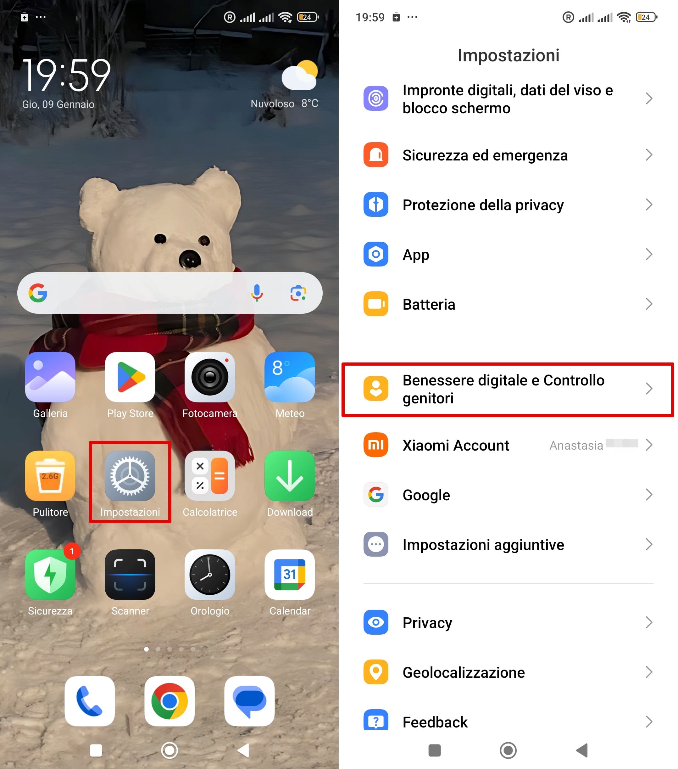 Lo schermo del telefono Xiaomi con l'icona Impostazioni e le sue opzioni tra cui Benessere digitale e controllo genitori