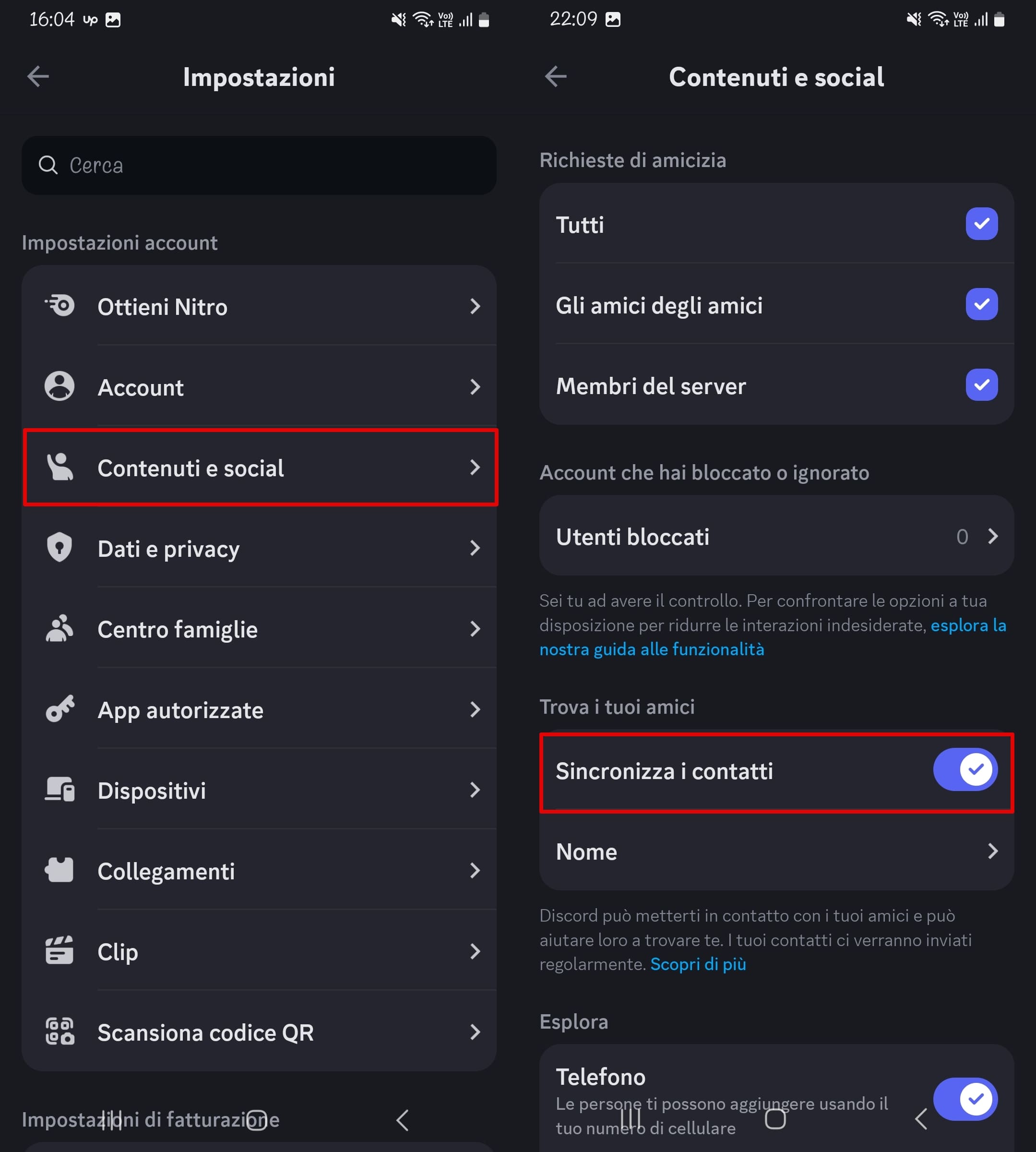 Impostazioni di autorizzazioni di scoperta su Discord con la funzione per abilitare o disabilitare la sincronizzazione dei contatti (sync contacts to sync contacts to turn it)