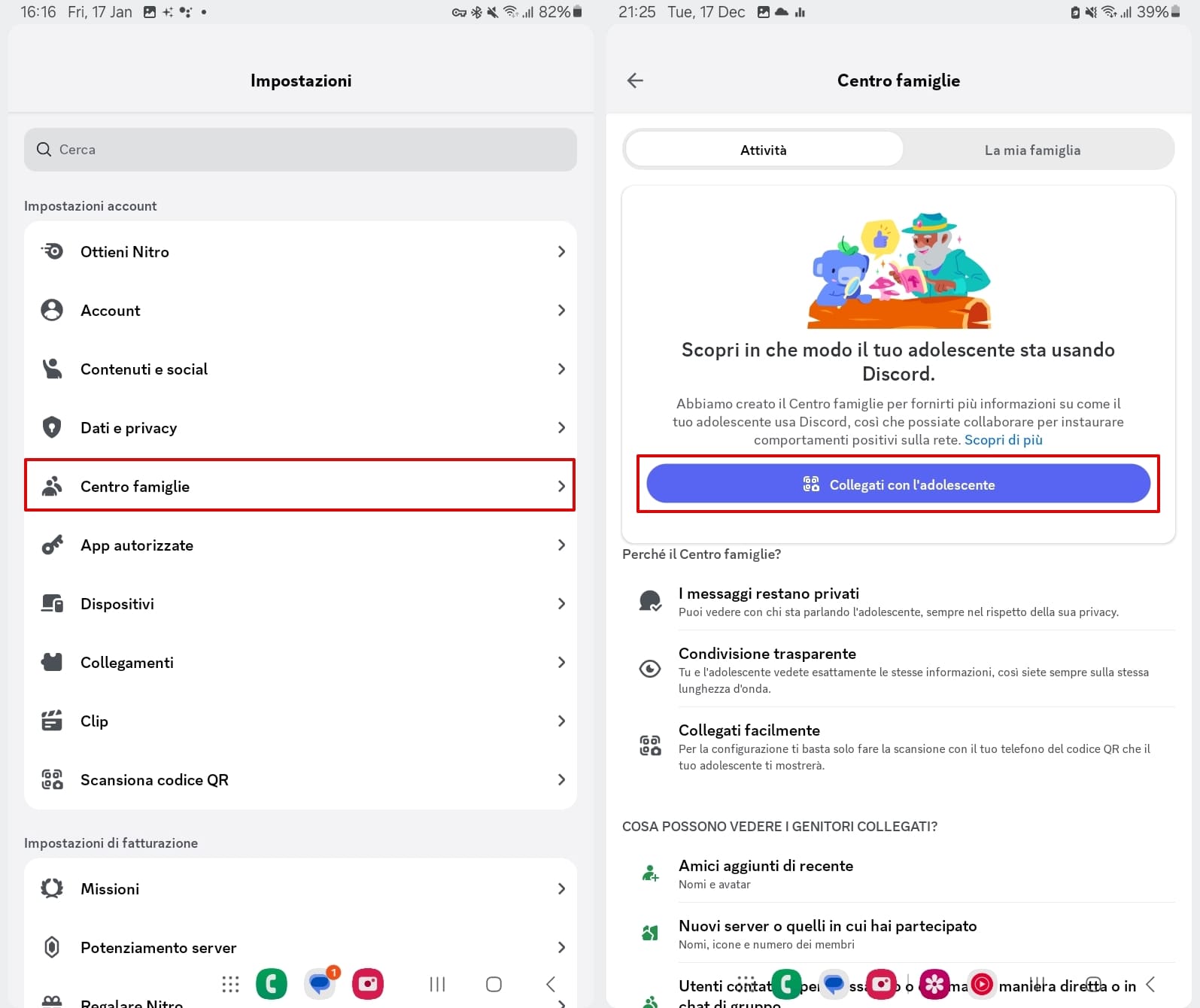 Uno screenshot che mostra la funzione "Family Center" nelle impostazioni di Discord, con opzioni per connettere l'account di un genitore a quello di un adolescente per monitorare la loro attività rispettando la privacy