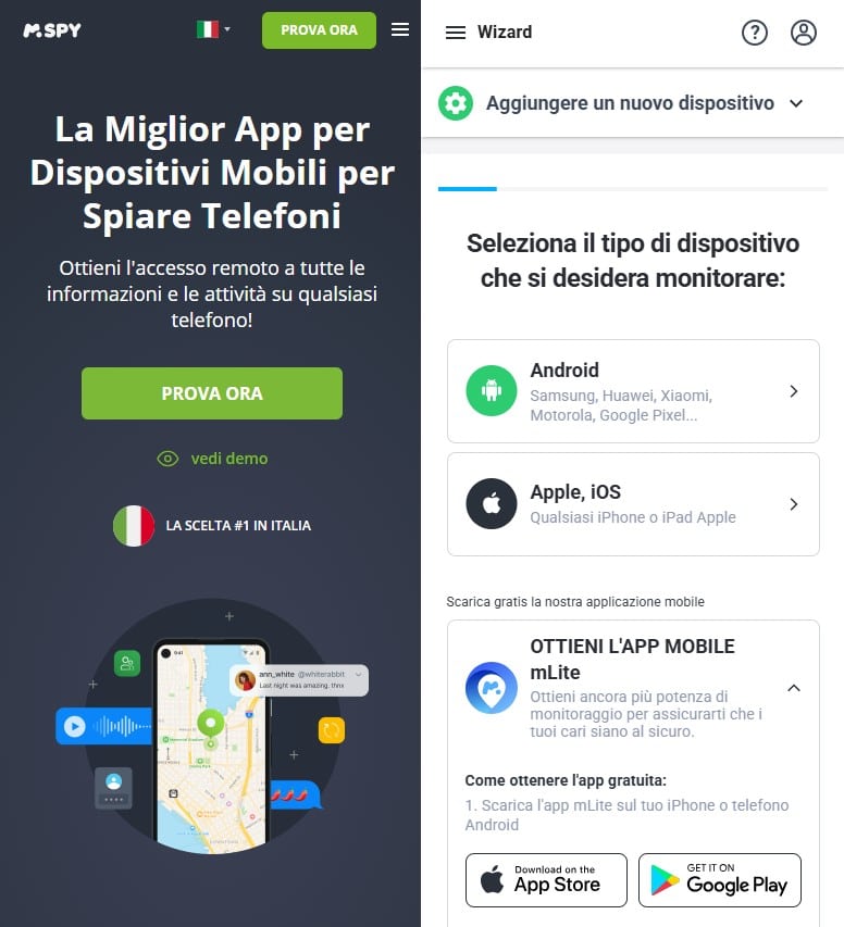 Schermata della pagina iniziale del sito Web di mSpy e della selezione di un telefono di destinazione (Android o Apple-ios)
