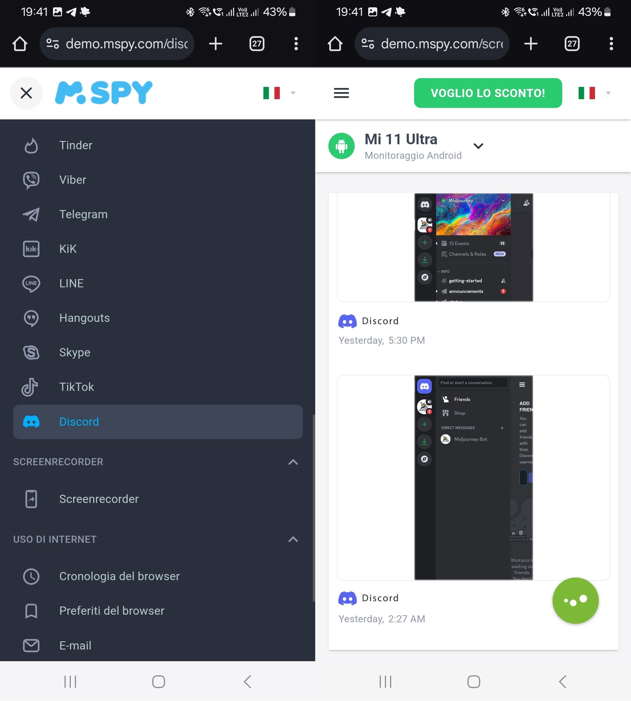 Schermata della dashboard di mSpy che mostra l'attività di Discord