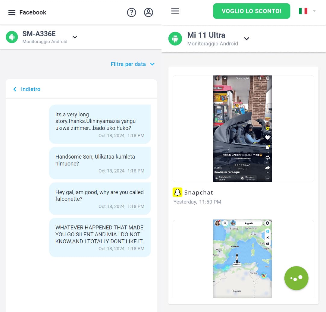 Istantanea del cruscotto di monitoraggio di mSpy che mostra i registri delle chat di Facebook e l'attività di Snapchat