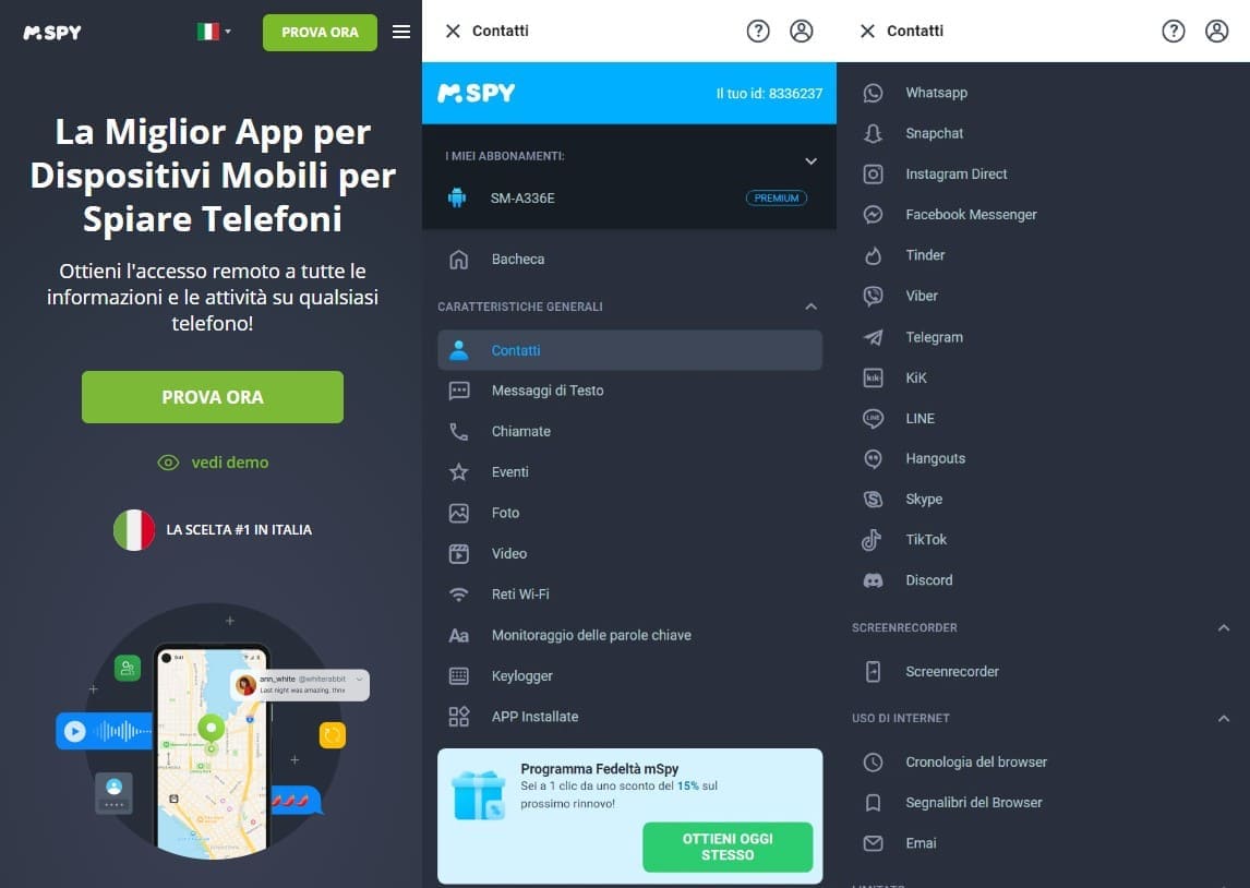 Schermata del sito web e della dashboard di mSpy che mostra le funzioni di monitoraggio dei dispositivi mobili. Il sito web evidenzia le capacità di monitoraggio remoto di mSpy, mentre la dashboard elenca funzioni quali contatti, messaggi di testo, chiamate, tracciamento dei social media, posizioni GPS e restrizioni internet
