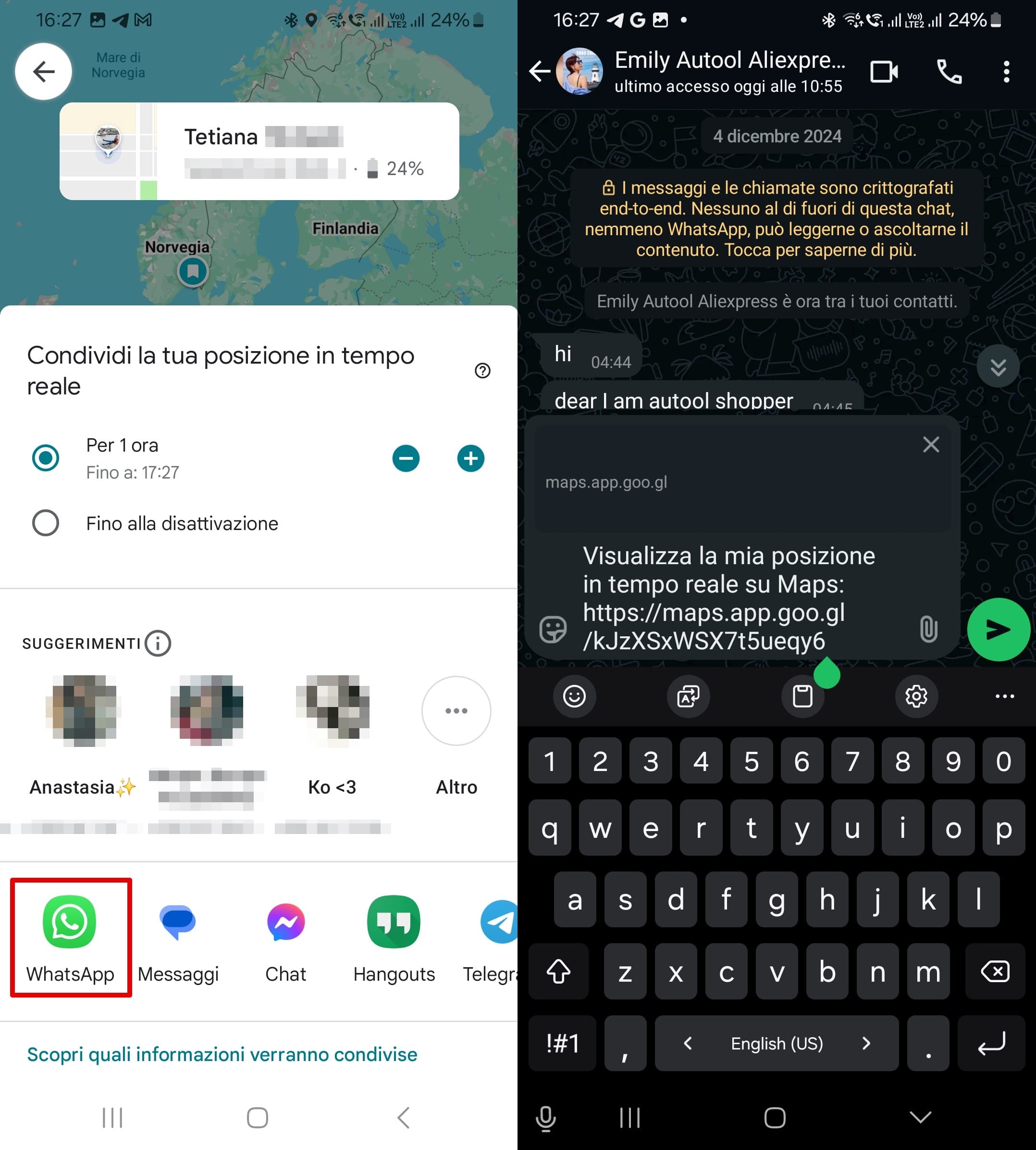 Scegliere un modo per inviare la posizione tramite la mappa di Google e un contatto per inviare un messaggio
