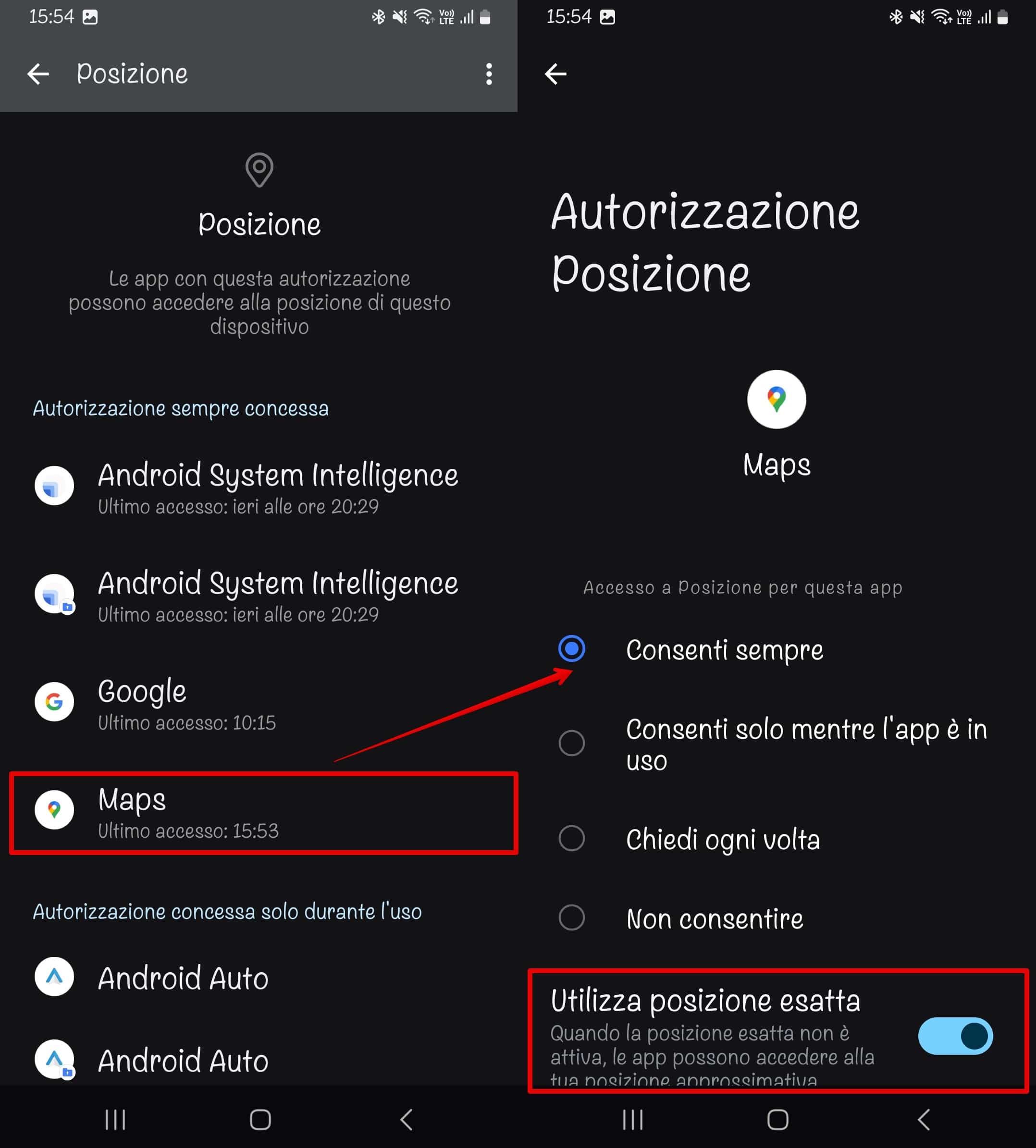 Scelta dell'autorizzazione alla localizzazione [Consenti sempre] su Android