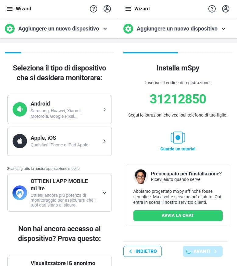 Selezionare il telefono di destinazione (Android o Apple-ios), eseguire l'intero processo di connessione secondo le istruzioni descritte sul sito web