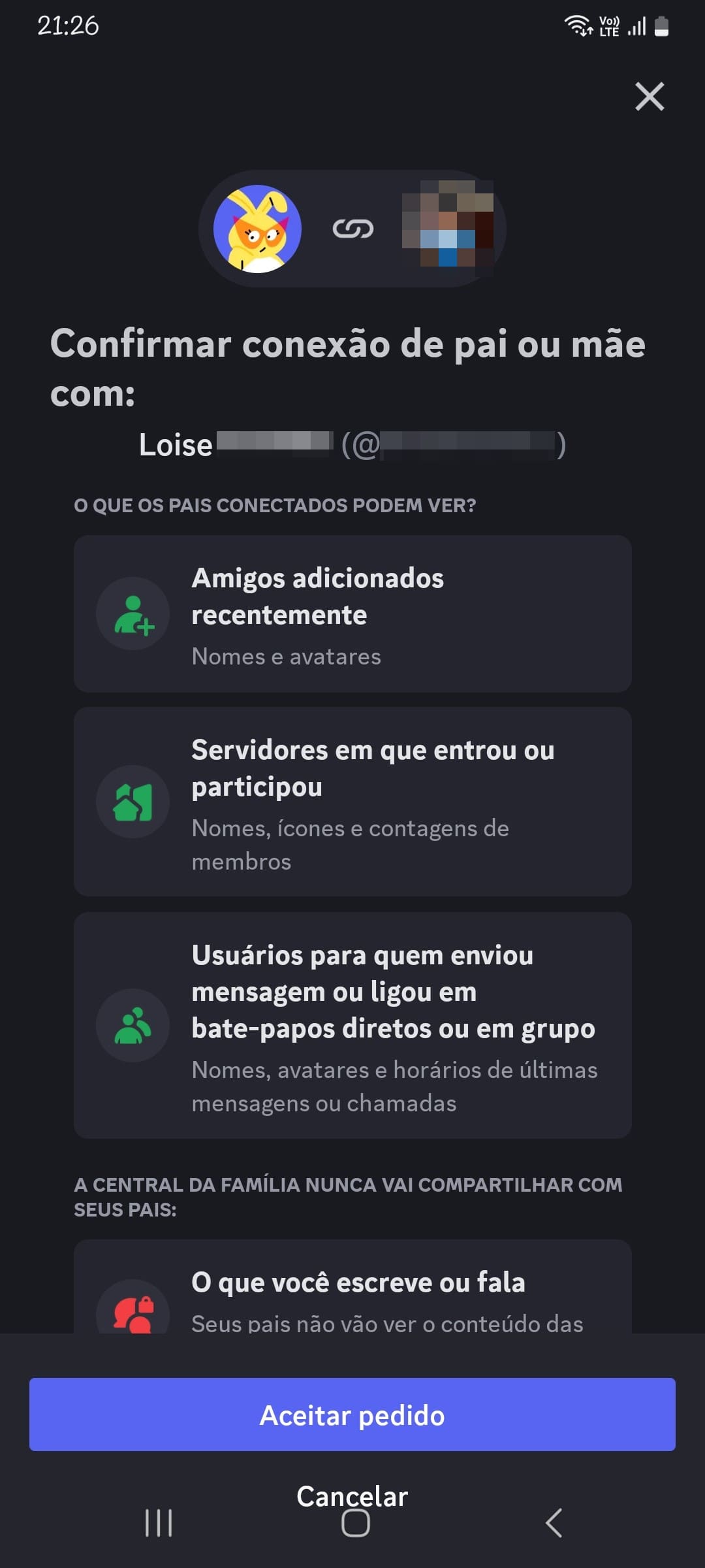 Schermata di conferma per collegare l'account del genitore all'account dell'adolescente, indicando quali informazioni saranno condivise nel Centro per le famiglie di Discord