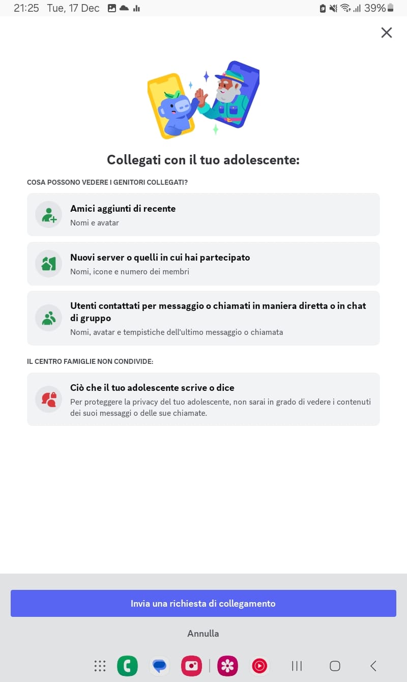 Discord Family Center sul dispositivo di un genitore, che mostra la richiesta di inviare una connessione al dispositivo dell'adolescente, compresi dati quali il numero di messaggi degli utenti, il numero di server connessi e altre metriche di attività