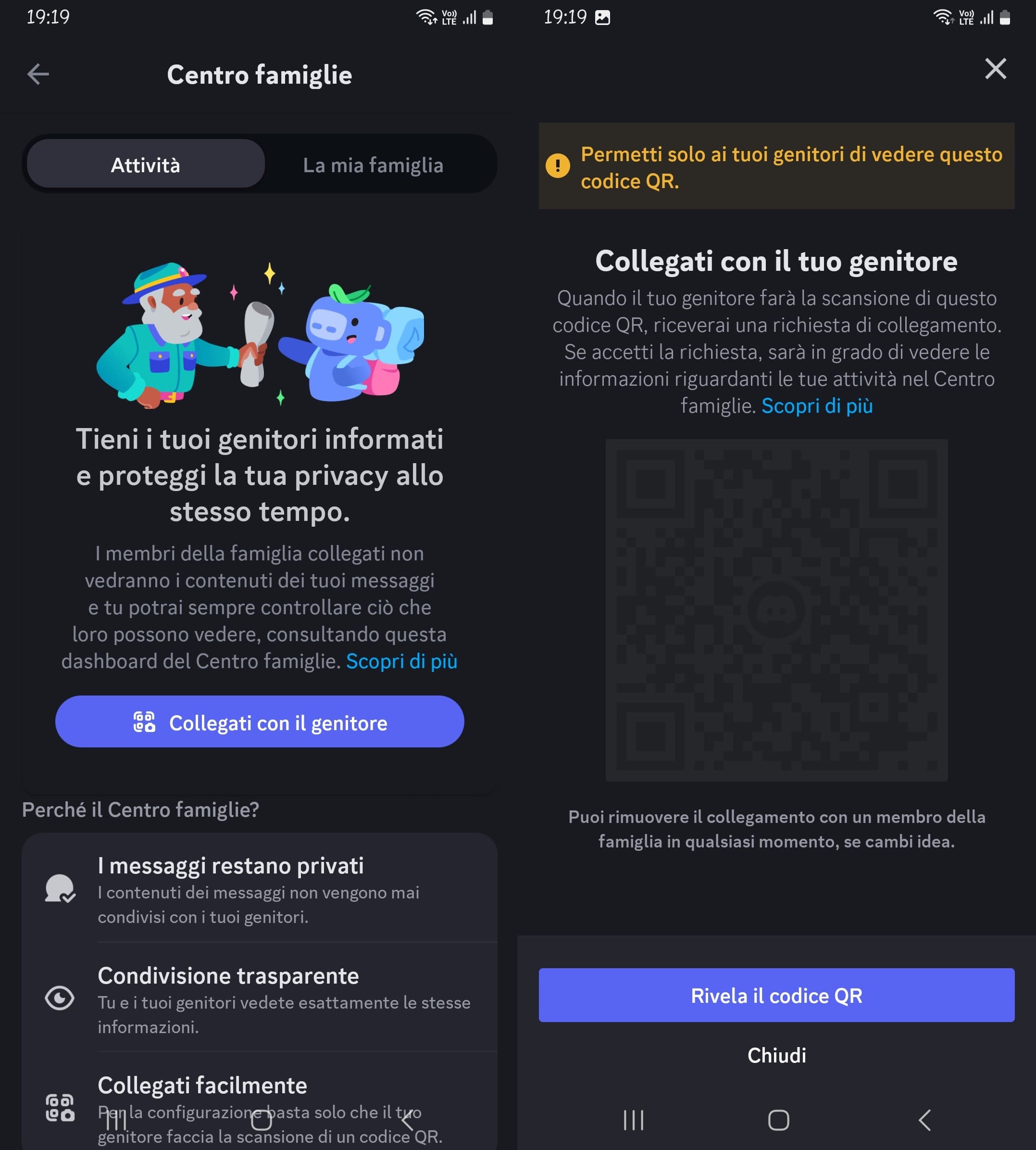 Centro familiare in Discord, collegando l'account dell'adolescente a quello dei genitori facendo clic sul pulsante Rivela il codice QR