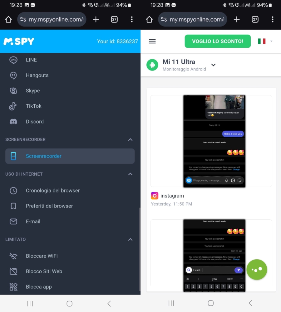 Schermata della dashboard di mSpy con l'immagine dello screenrecorder