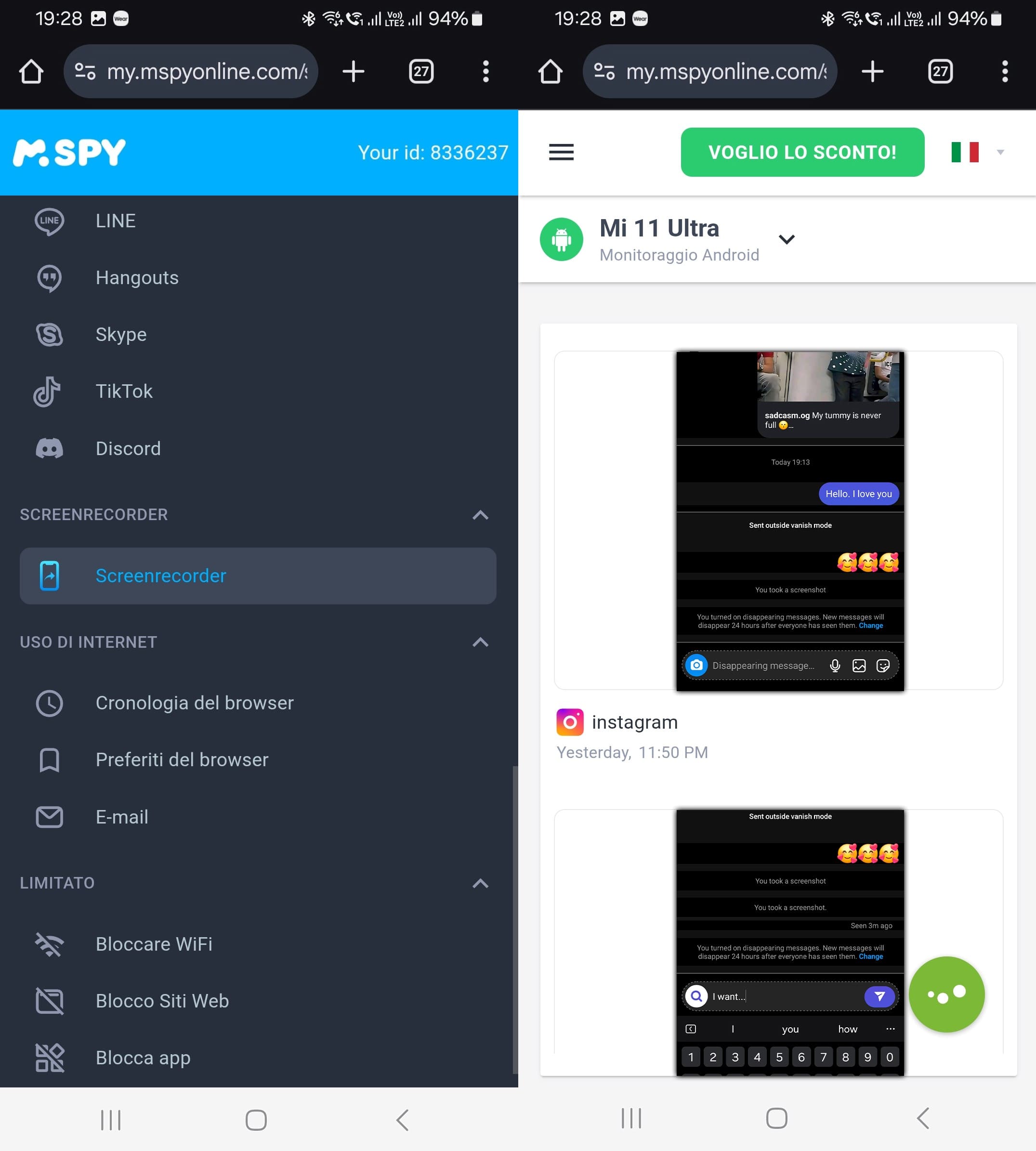 Schermata della dashboard di mSpy con l'immagine dello screenrecorder