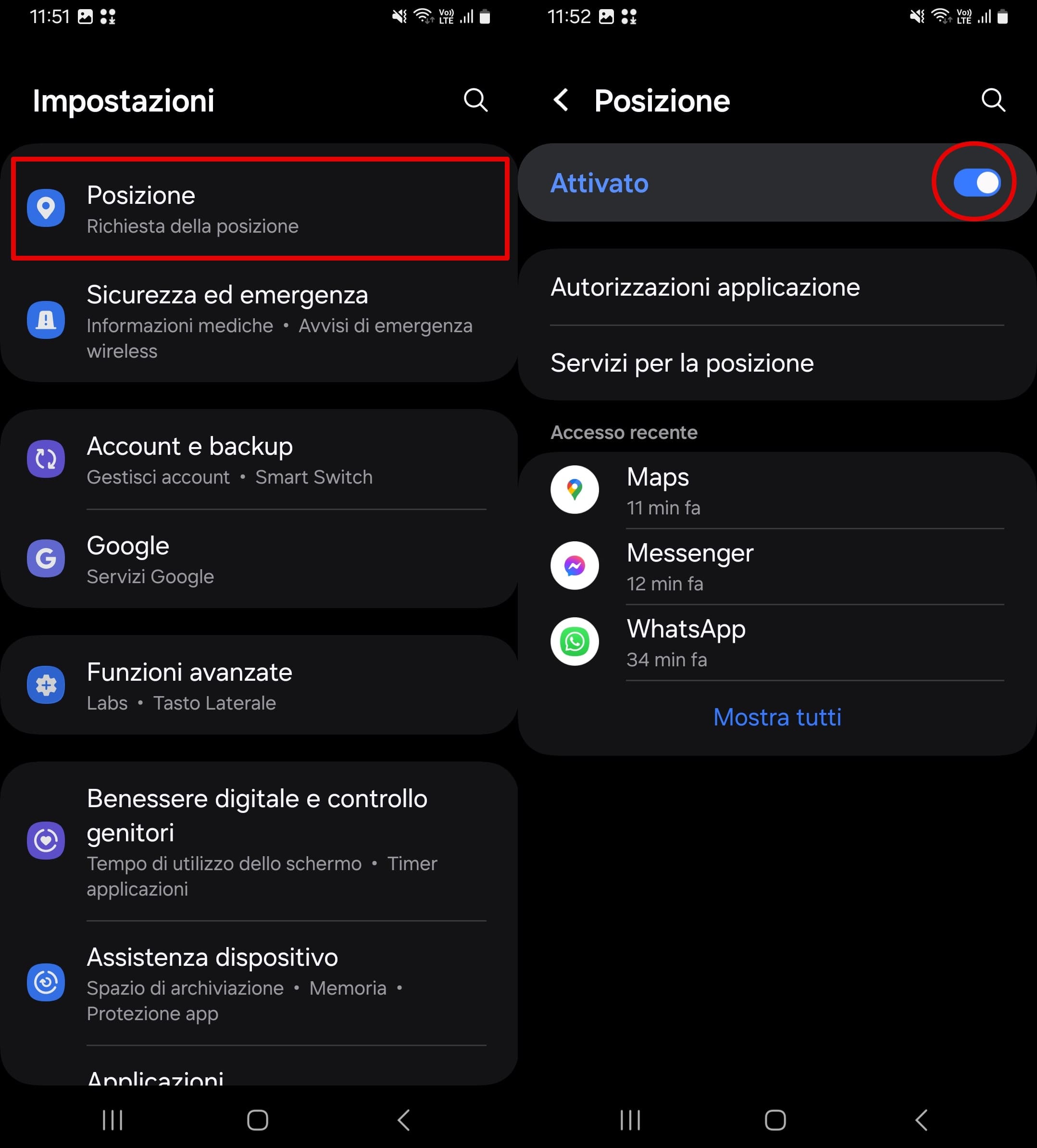 Apri Impostazioni - Posizione e tocca il dispositivo di scorrimento per attivare la posizione su Android.