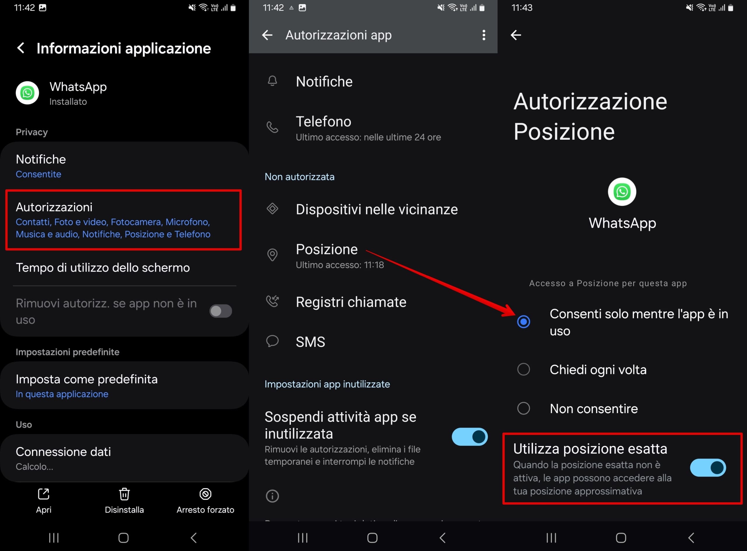 Fai clic su Autorizzazioni WhatsApp - Posizione - Consenti solo quando usi l'app.