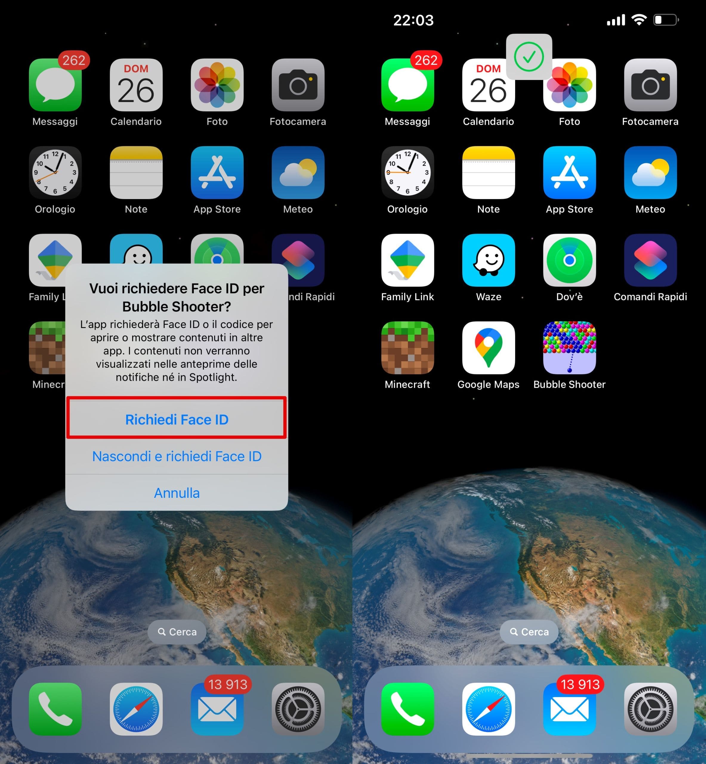 Seleziona il tipo di identificazione richiesto, come Face ID, Touch ID o blocco con codice e conferma.
