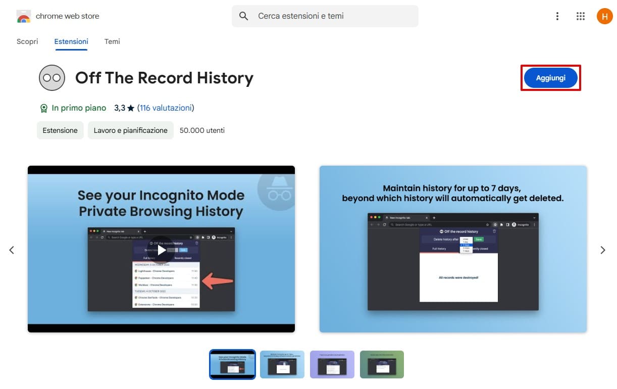 Immagine dell'estensione Off the Record History sul Chrome Web Store.