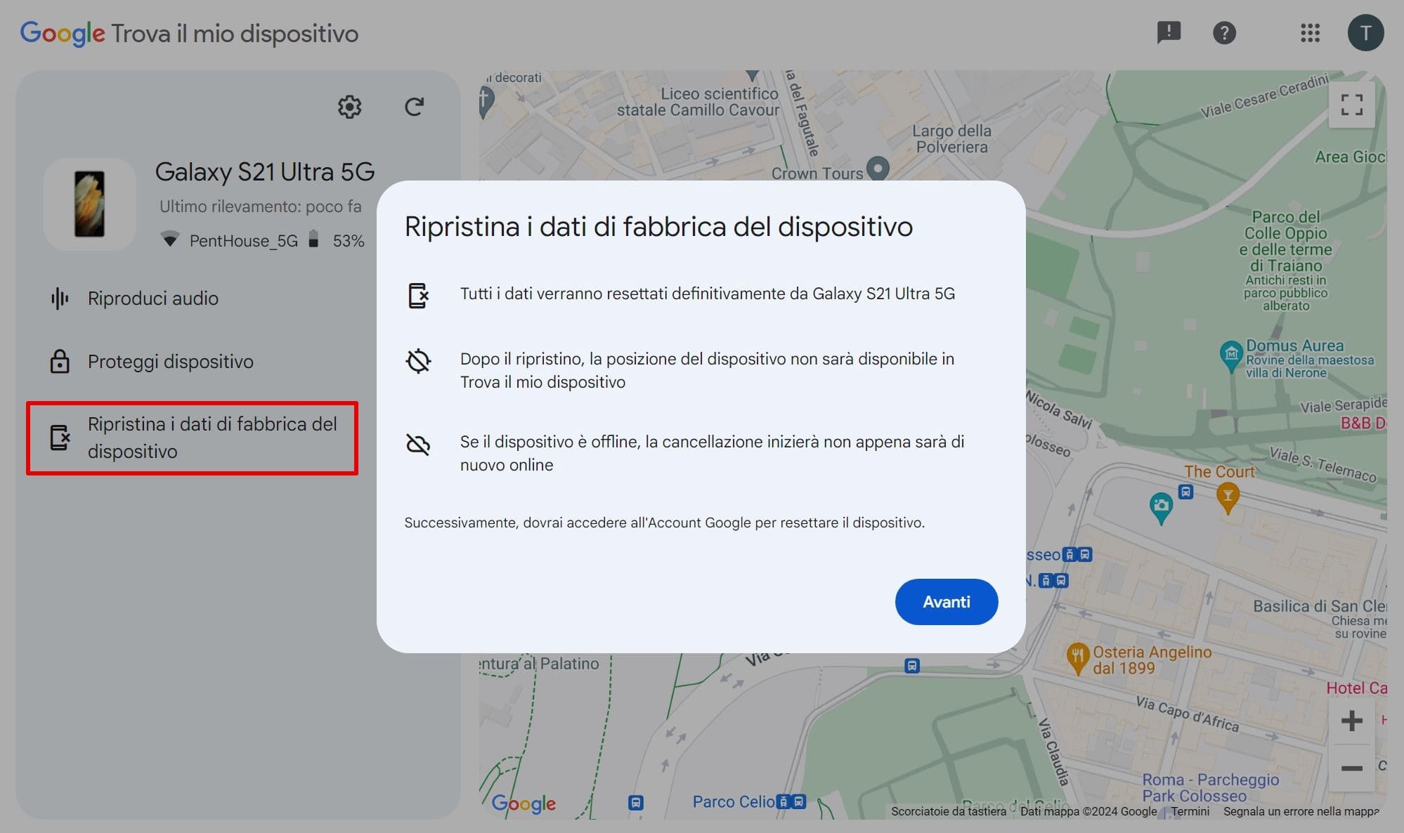 Immagine Ripristina i dati fabbrica del dispositivo mappa in Trova il mio dispositivo
