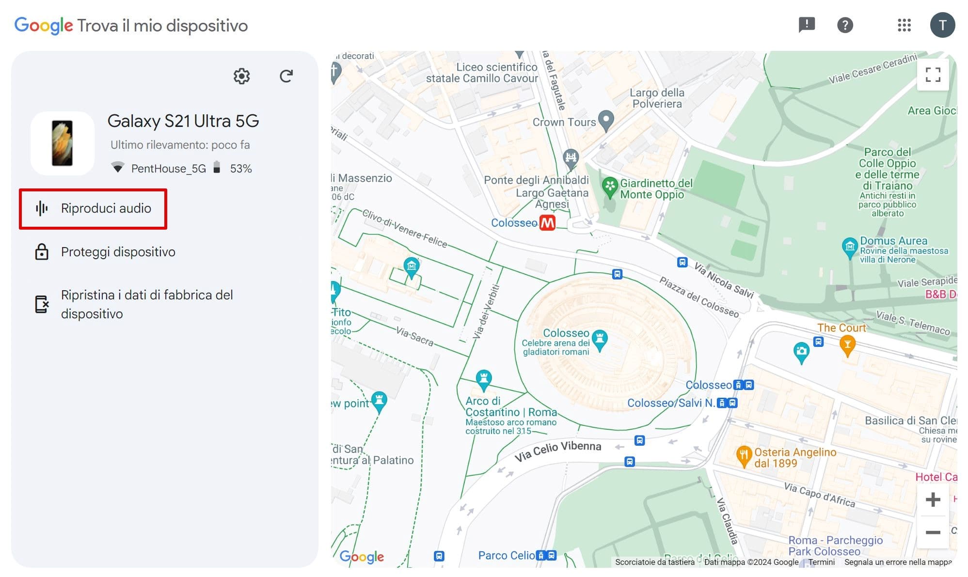 Immagine della funzione Riproduci audio sulla mappa in Trova il mio dispositivo