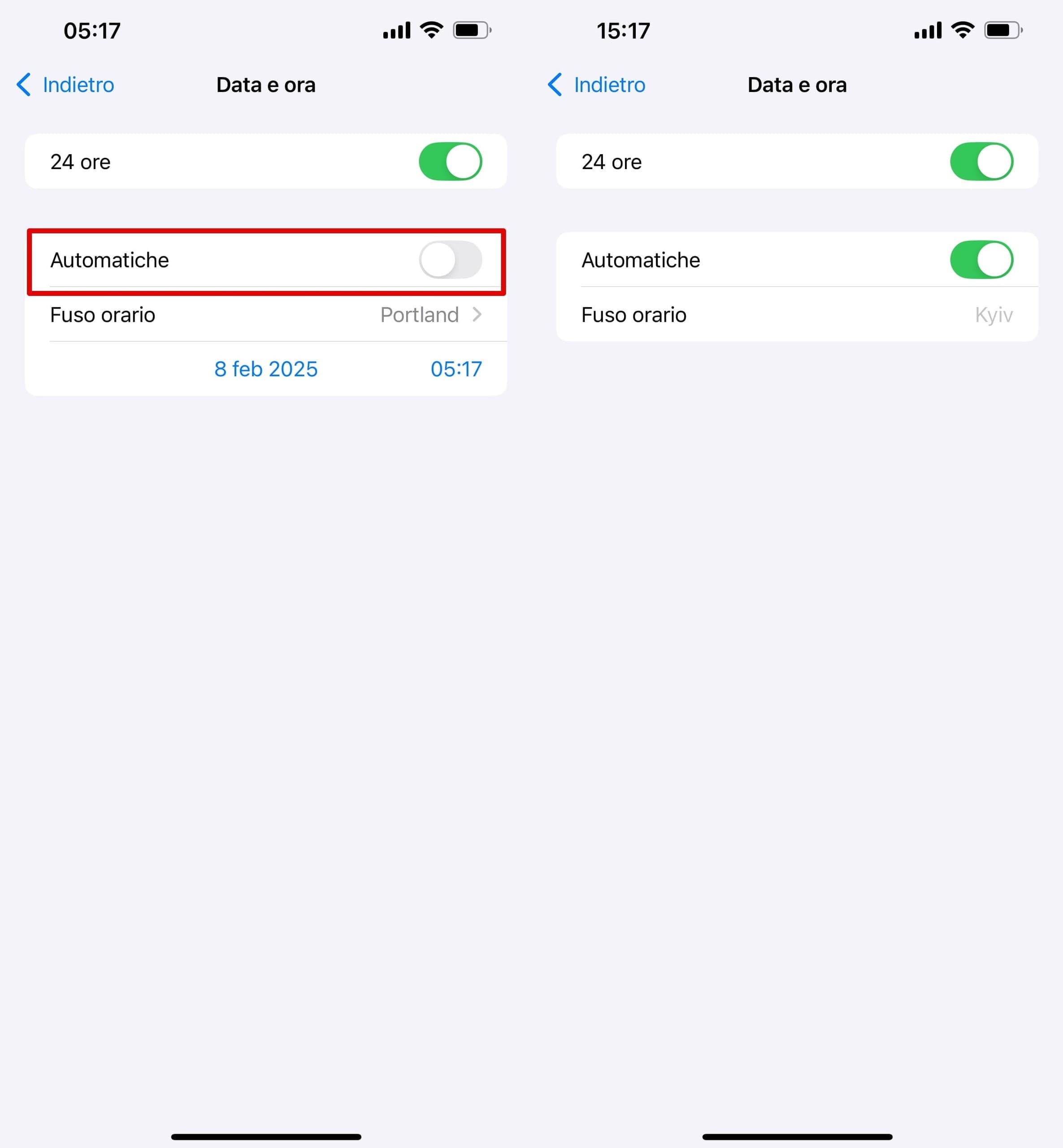 L’impostazione di data e ora sull'iPhone con la configurazione automatica.