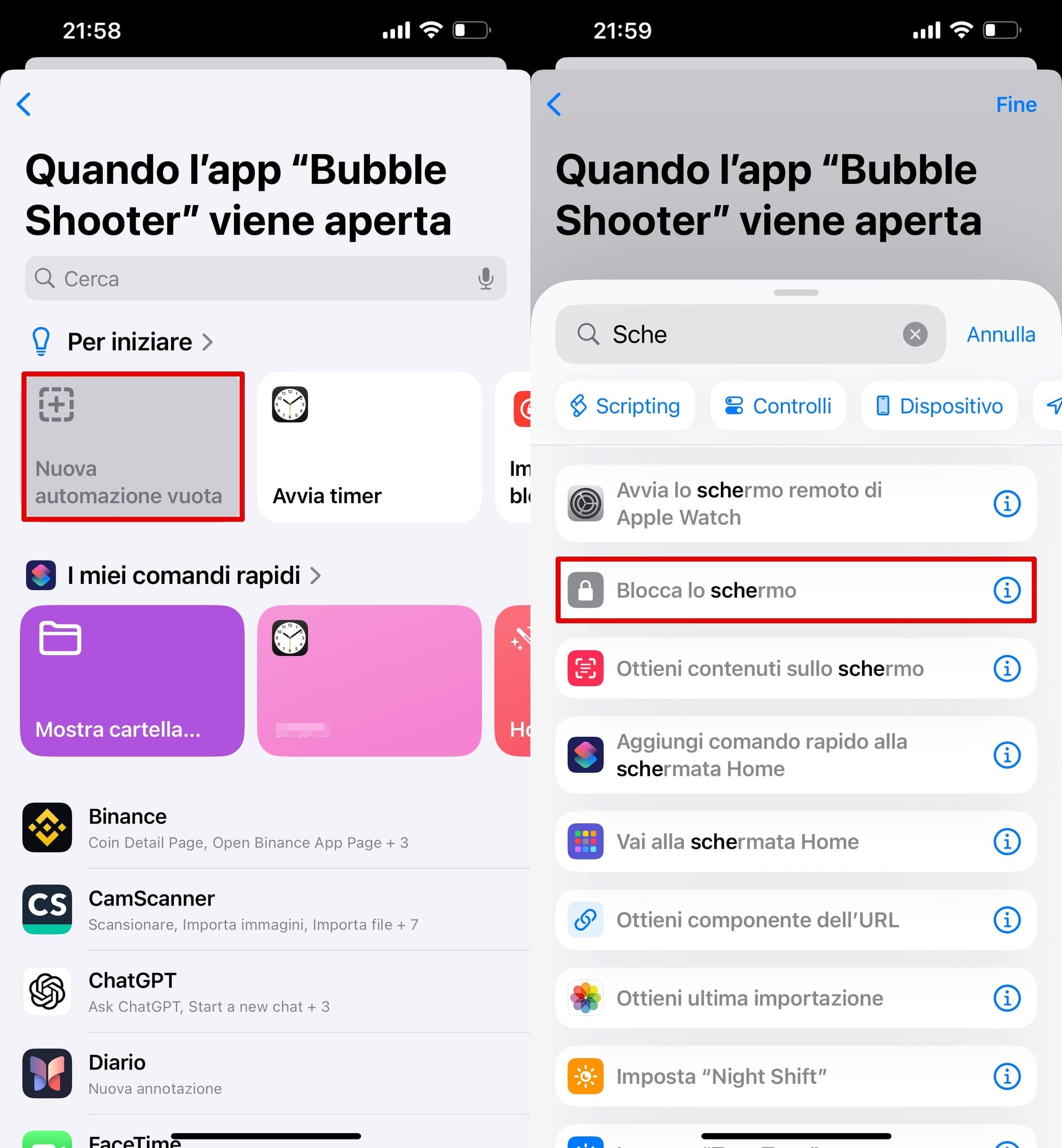 Fare clic sul blocco Nuova automazione vuota e selezionare la condizione Schermata di blocco.