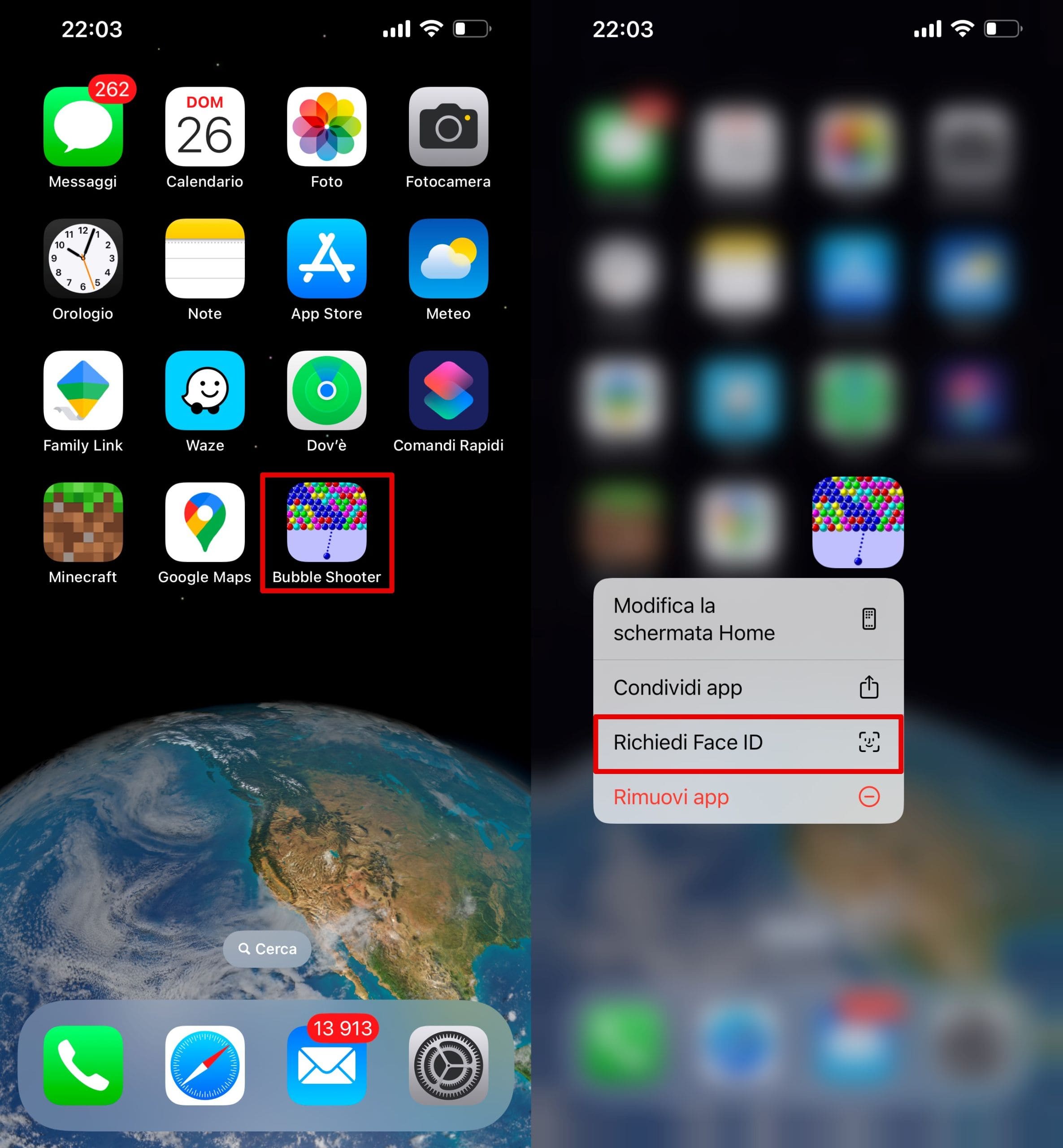 Tocca l'app desiderata e seleziona Richiedi Face ID o Touch ID o codice d’accesso.