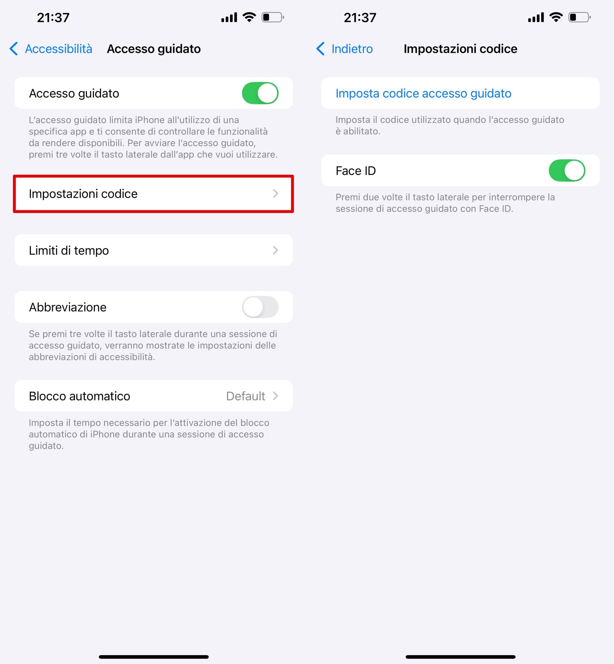 vai su Accesso guidato - Impostazioni codice e seleziona Imposta codice accesso guidato password, Face ID o Touch ID.