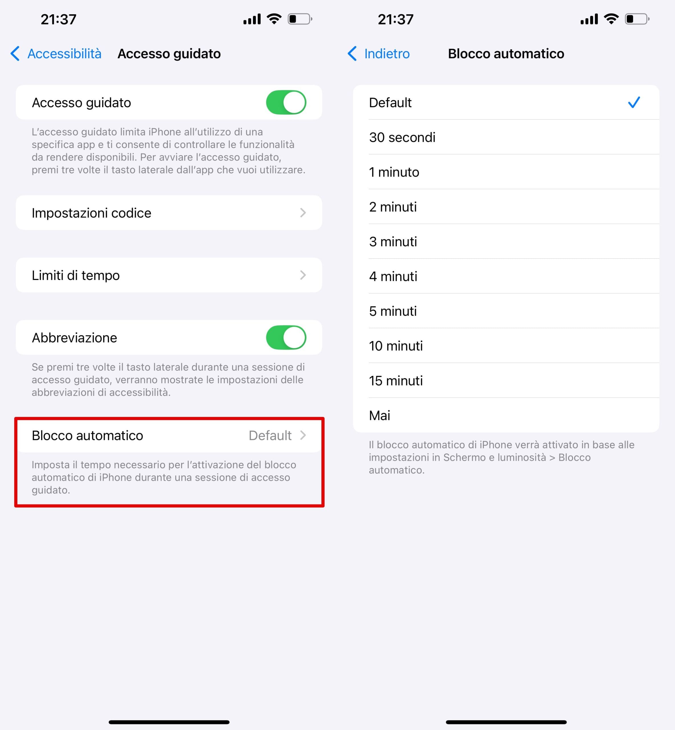 Vai su Accesso guidato - Blocco automatico e seleziona la durata richiesta.
