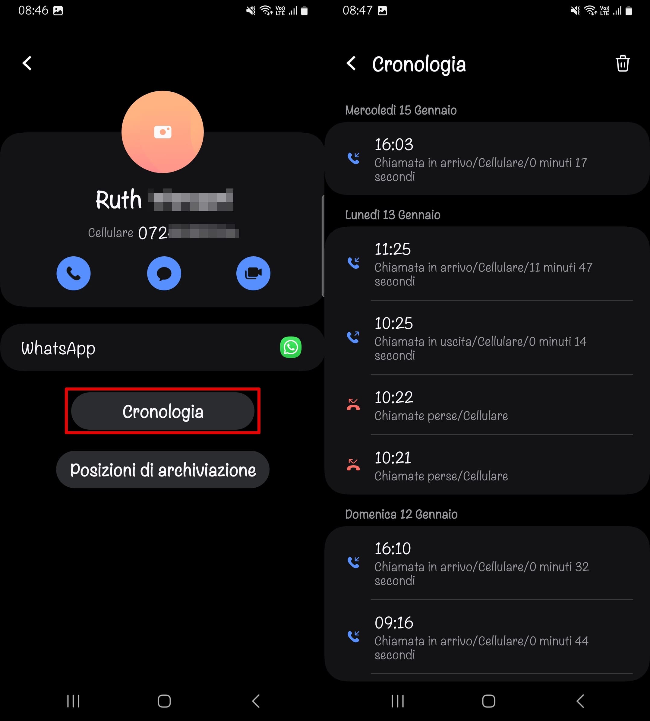L’accesso alla cronologia delle chiamate di un numero di telefono sull'app Telefono su Android