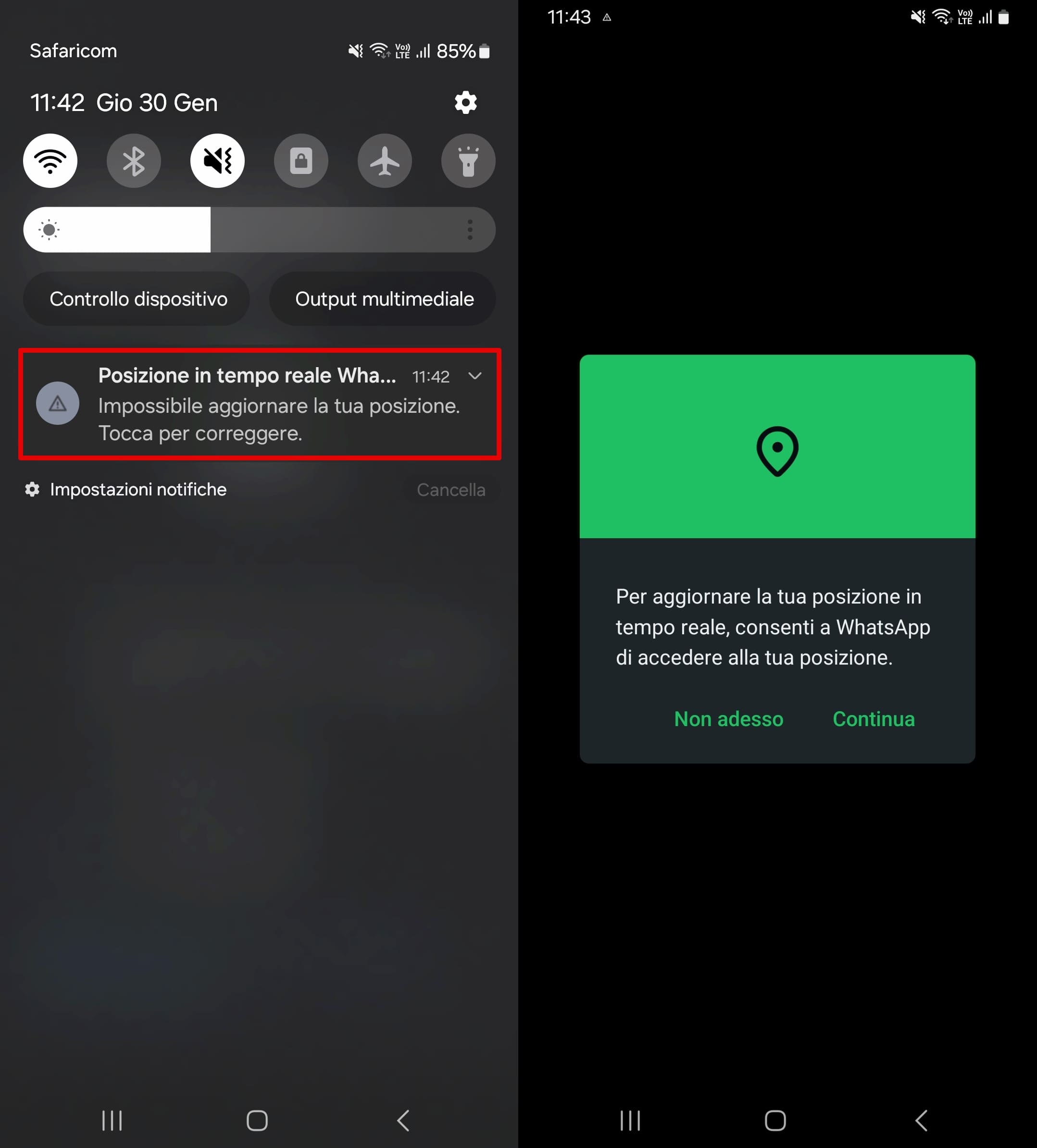 La notifica quando i servizi di localizzazione vengono disattivati ​​durante la condivisione della posizione su WhatsApp.