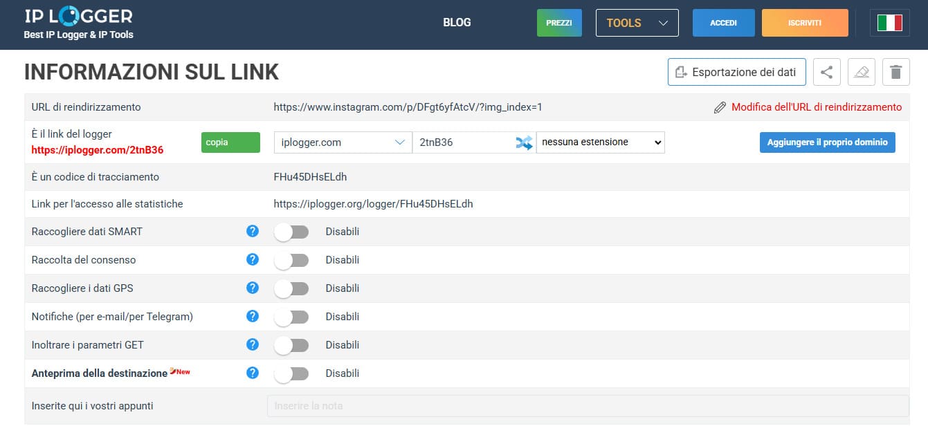 Qui puoi vedere un collegamento breve creato sul sito IPlogger che puoi inviare alla persona da monitorare.