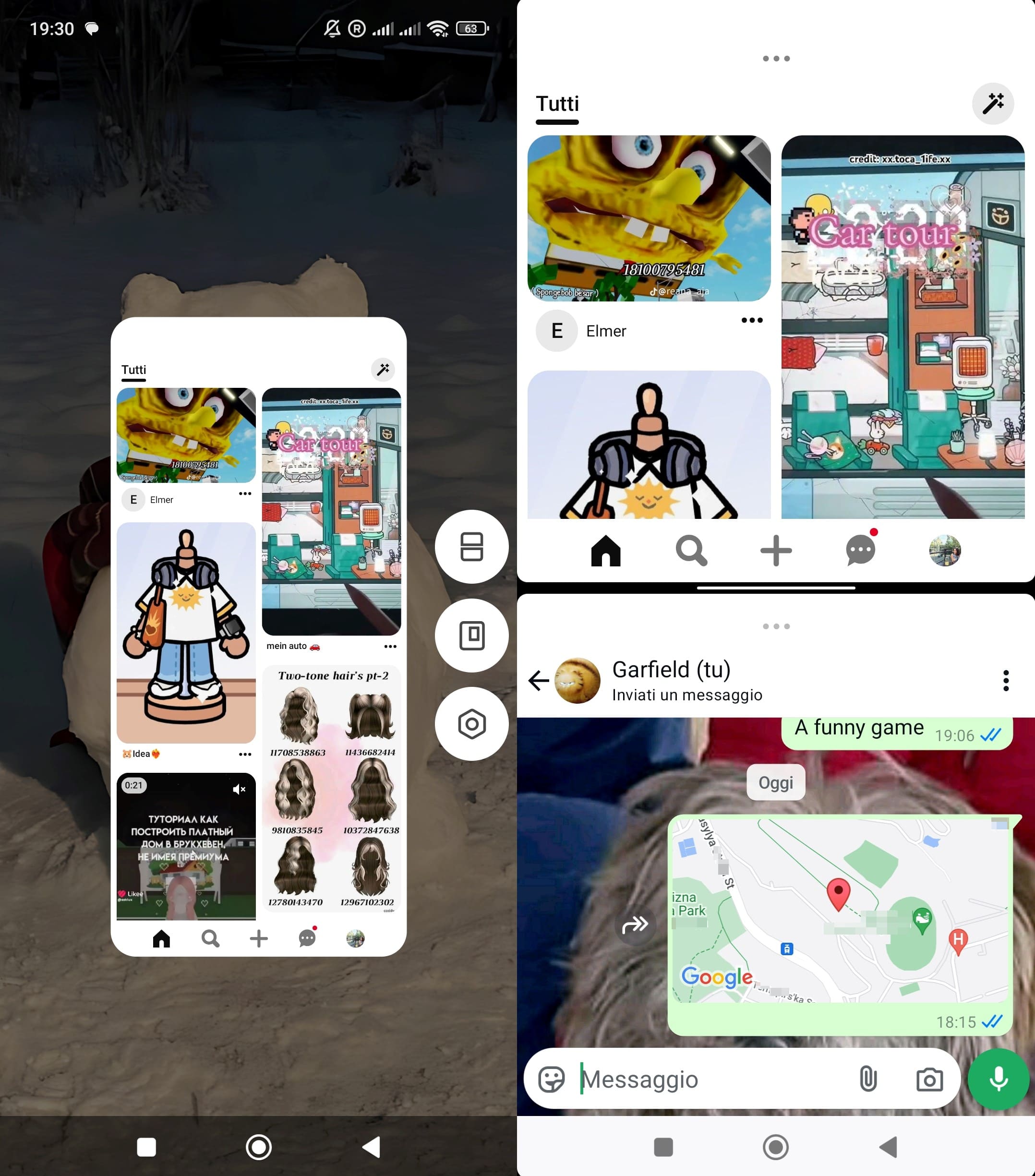 Come appare lo schermo diviso su Xiaomi con due schede: Pinterest e Condivisione della posizione in tempo reale di Whatsapp su un unico schermo.