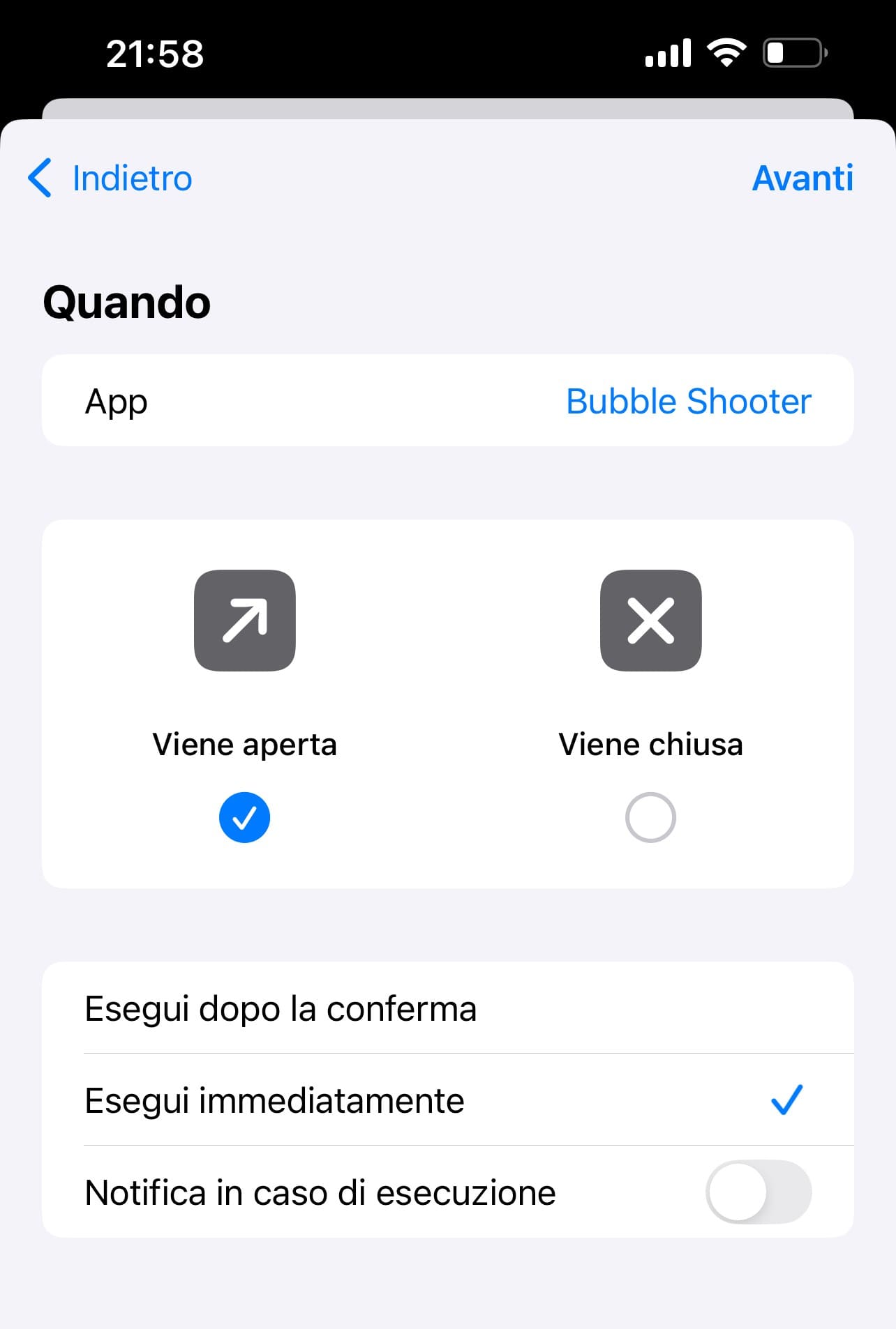 Puoi scegliere se le condizioni saranno soddisfatte all'apertura o alla chiusura dell'applicazione. Sono presenti anche le impostazioni: Esegui dopo la conferma, Esegui immediatamente, Notifica in caso di esecuzione. Dopo aver effettuato la scelta, fare clic su Avanti.