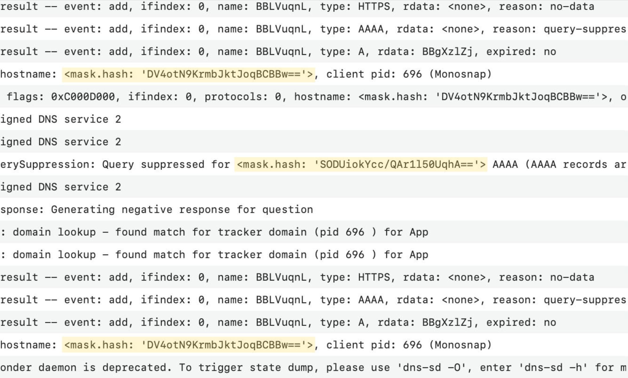 Registro di sistema che mostra le query DNS, le sostituzioni di processo, i record HTTPS con hash mascherati e i record relativi alla rete.