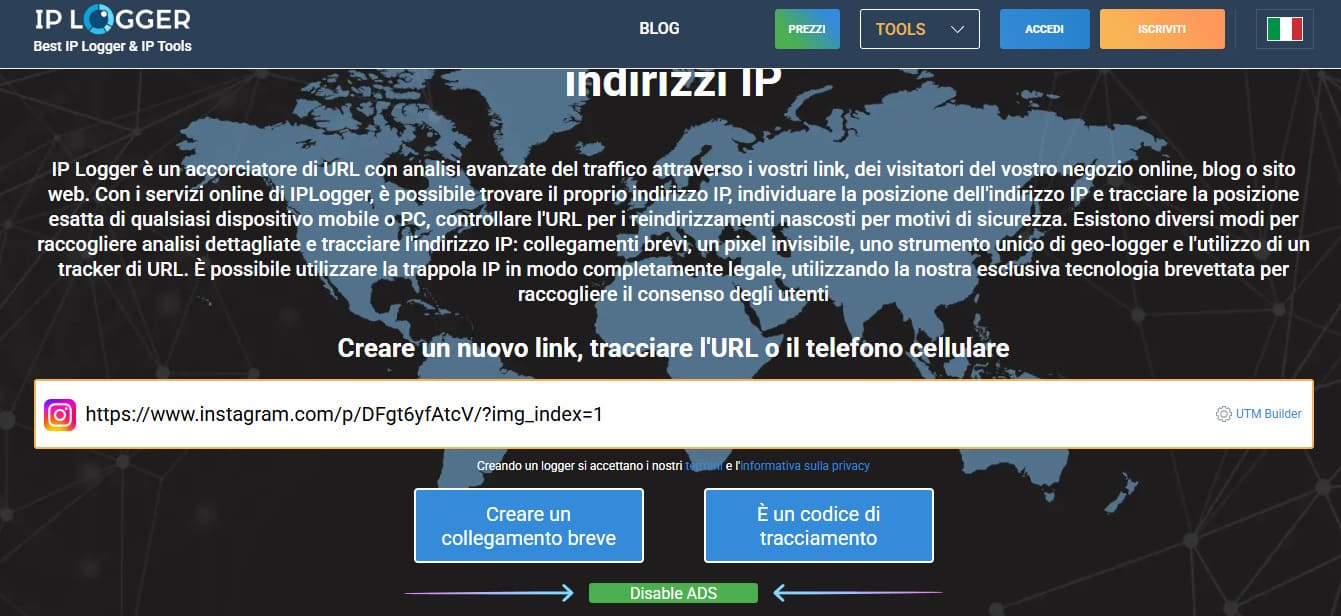 creazione di un collegamento per il monitoraggio della posizione con IPlogger, inserisci il collegamento e fai clic su Crea collegamento breve.