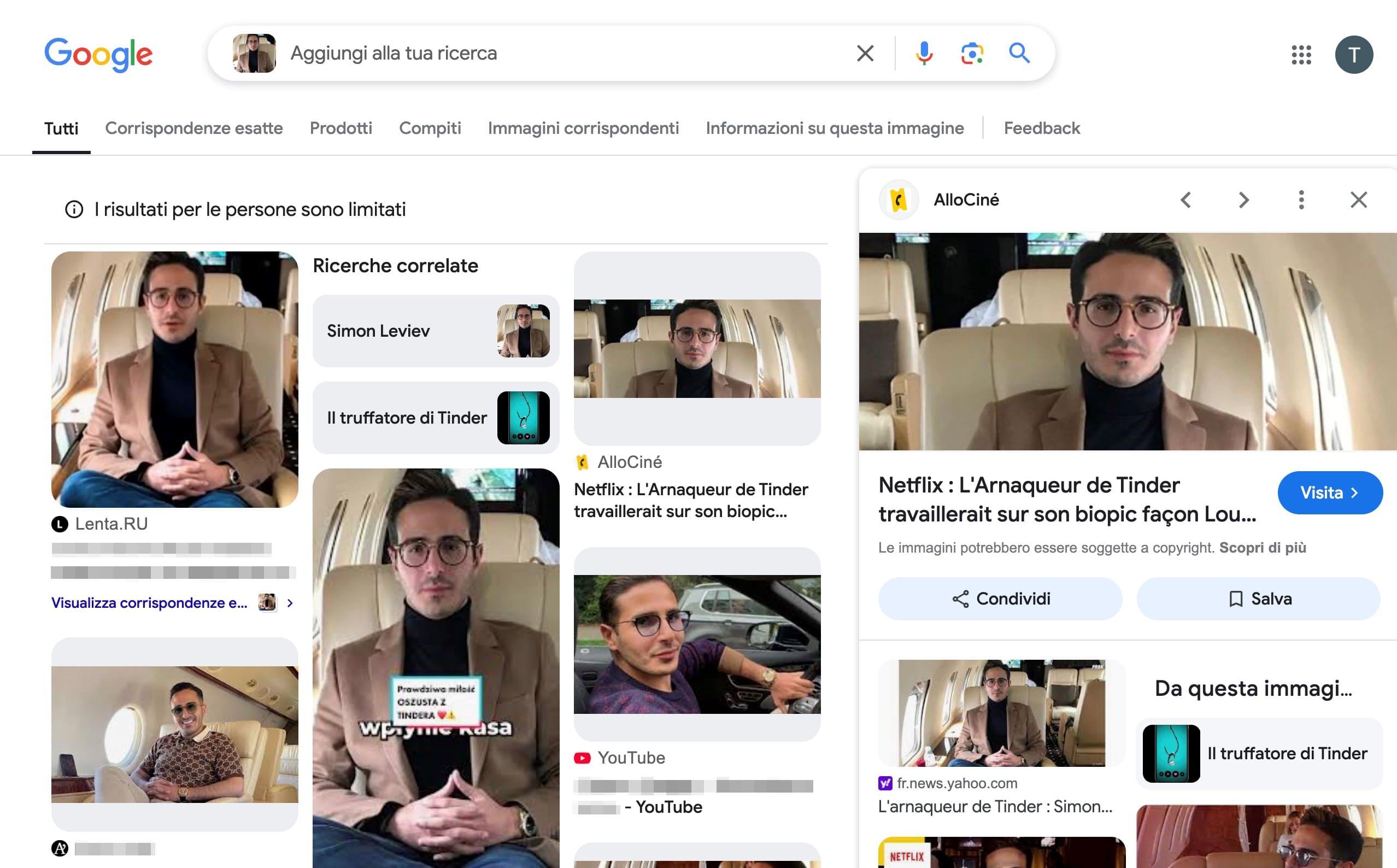 Una ricerca inversa di immagini di Google che mostra risultati con un volto famoso.