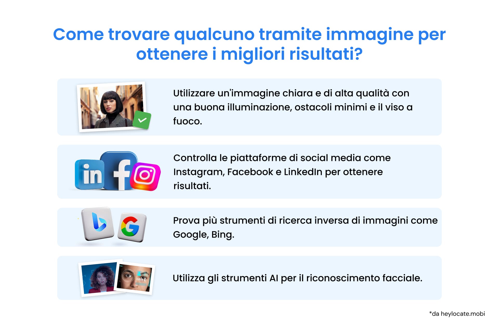 Un’infografica con consigli su come trovare una persona tramite foto.