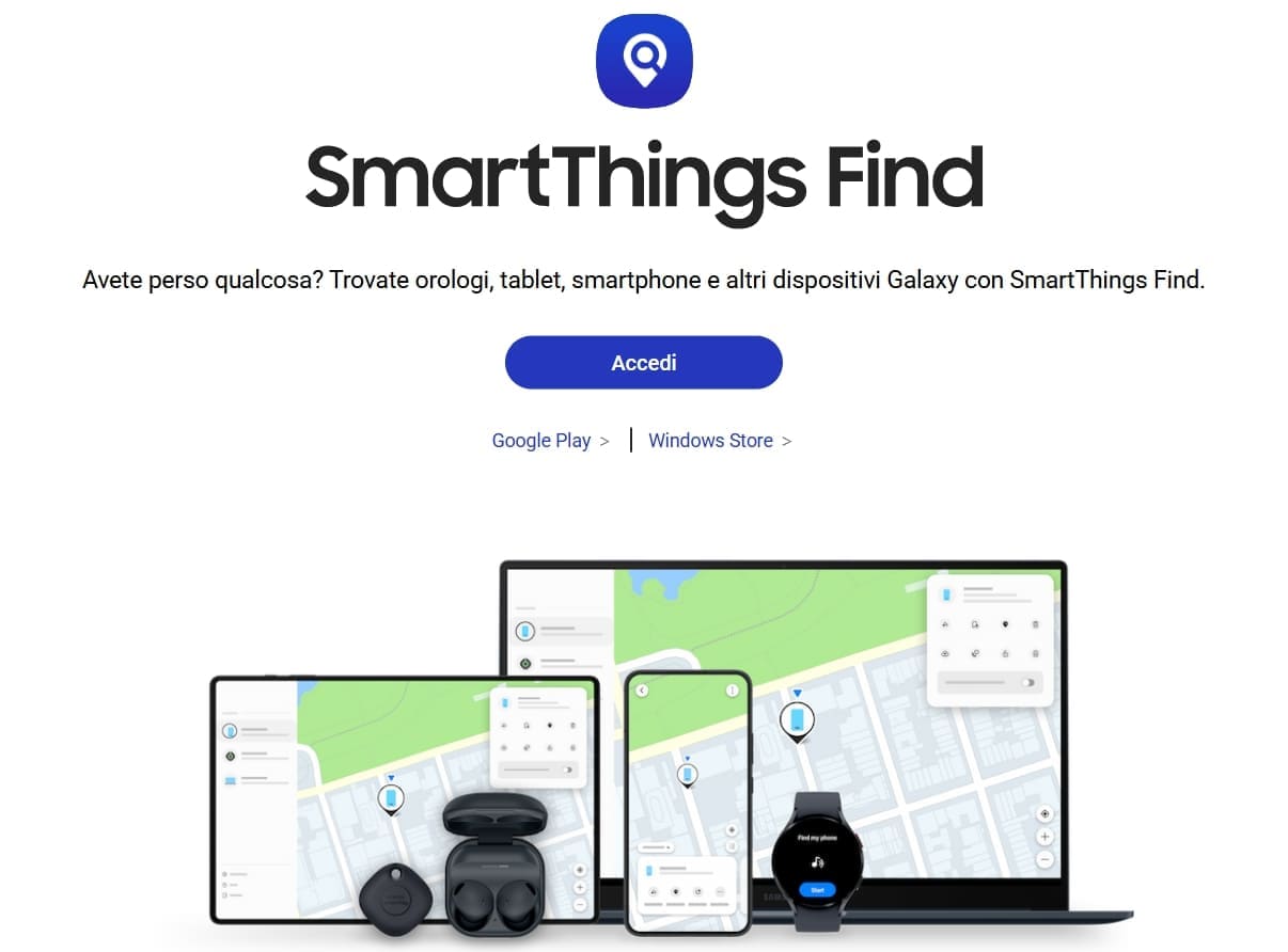 Accesso a SmartThings Find e immagine dei dispositivi che riesce a trovare.