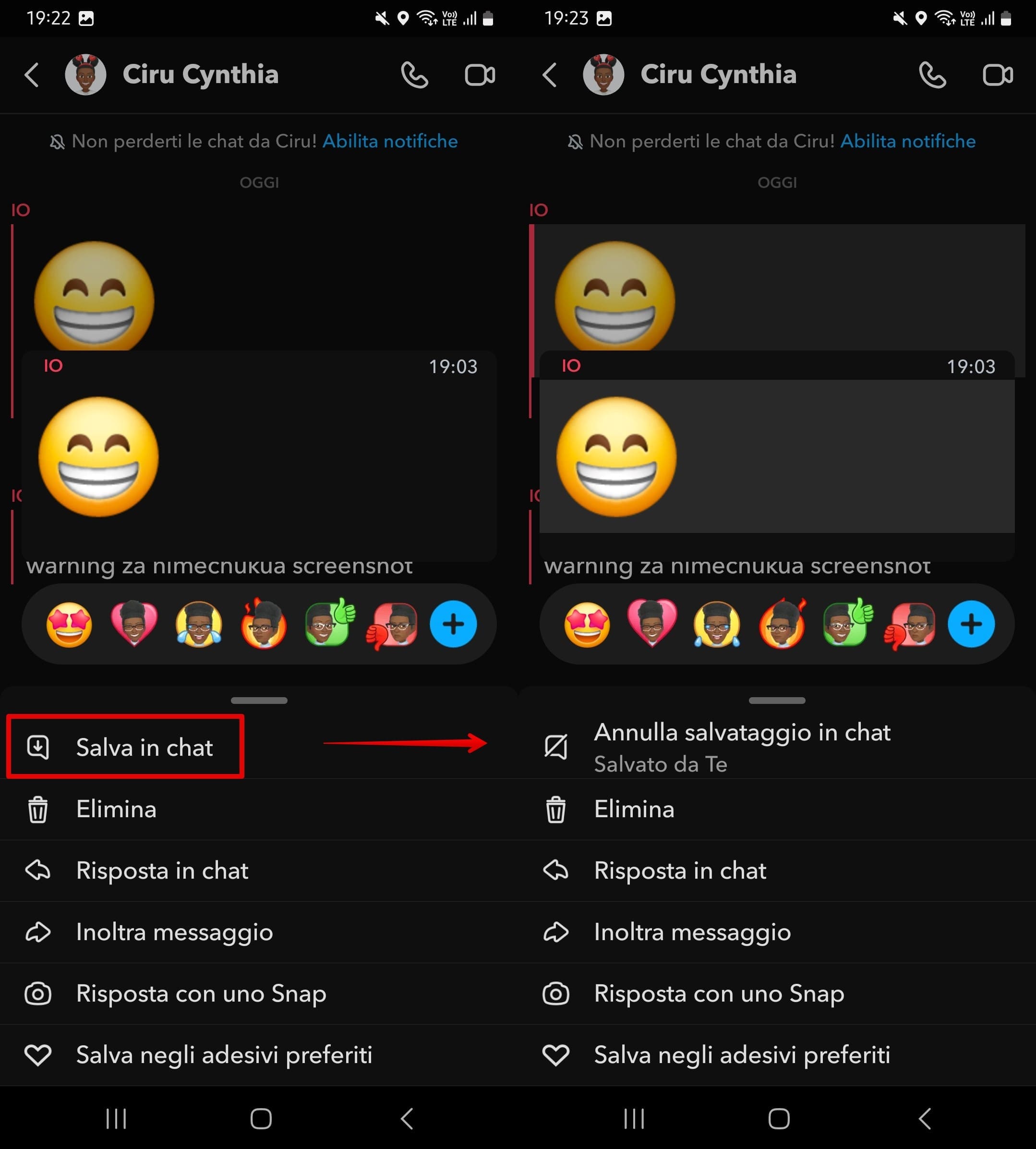 Annulla il salvataggio di un messaggio in una chat Snapchat toccandolo