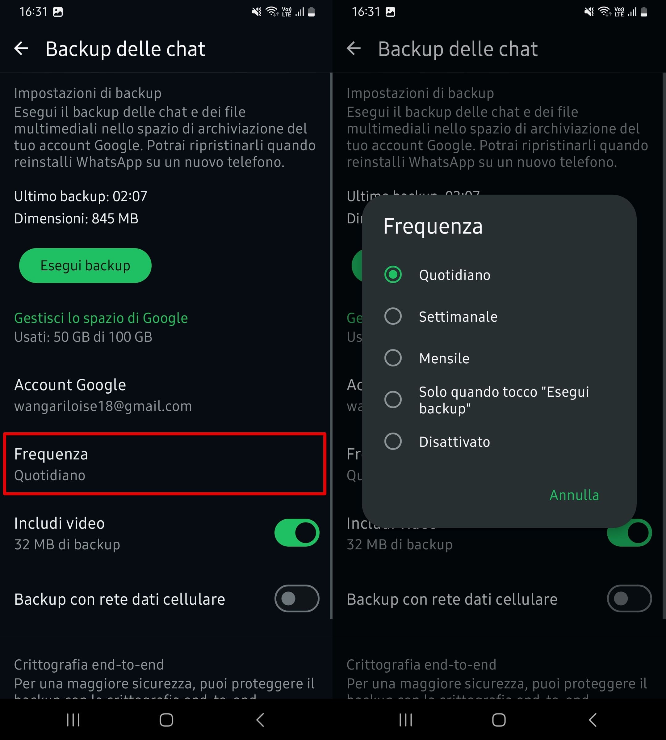 Selezionare le opzioni Giornaliero, Settimanale, Mensile, Solo quando tocco il backup e Disattivato del backup della chat.