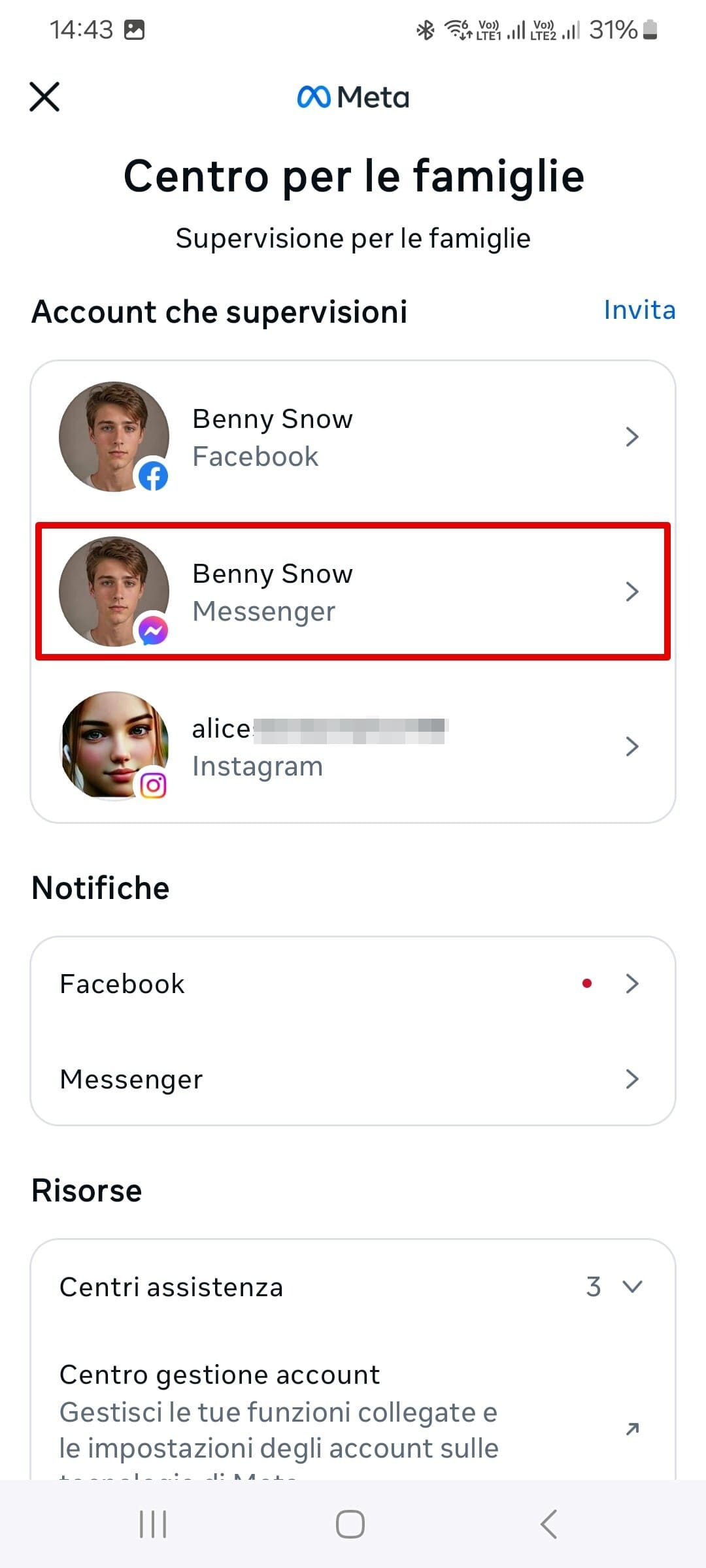 Centro per le famiglie con funzione di supervisione su Facebook, elenco degli account supervisionati e menu delle notifiche