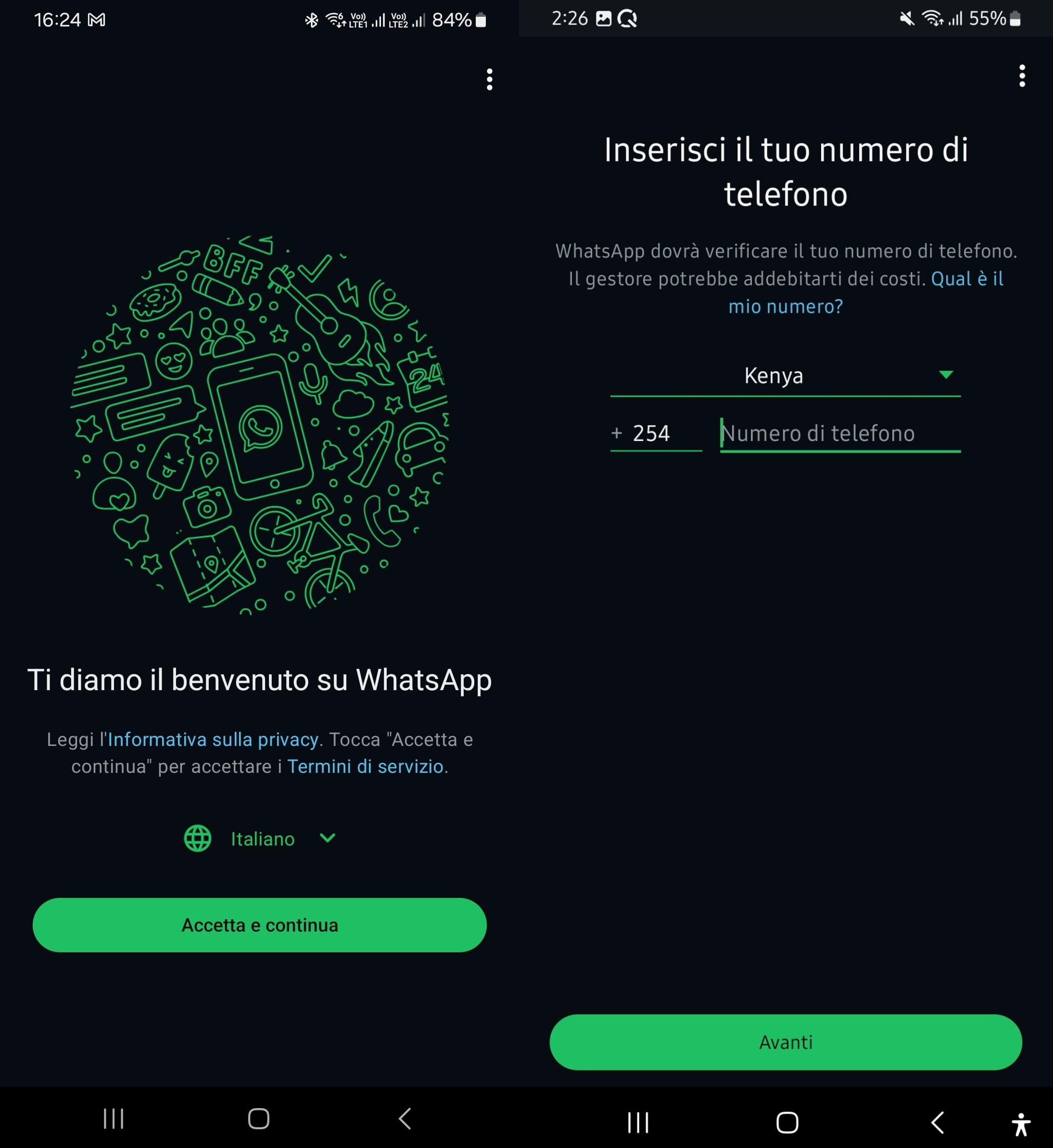 Accetta i Termini di servizio di WhatsApp e inserisci il numero di telefono per l'installazione.
