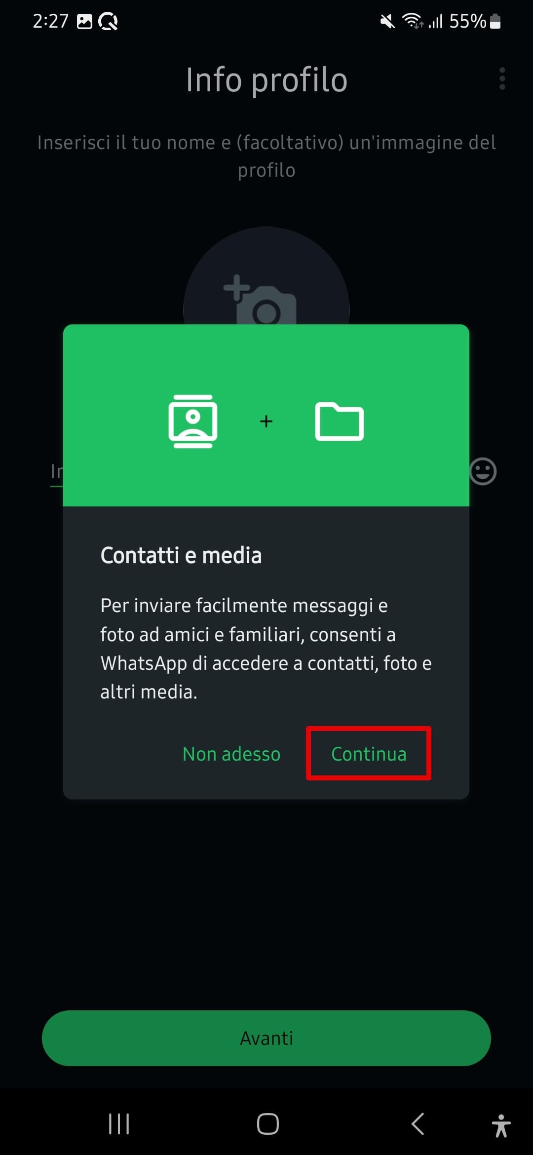 Autorizza WhatsApp ad accedere a contatti, foto e altri media.