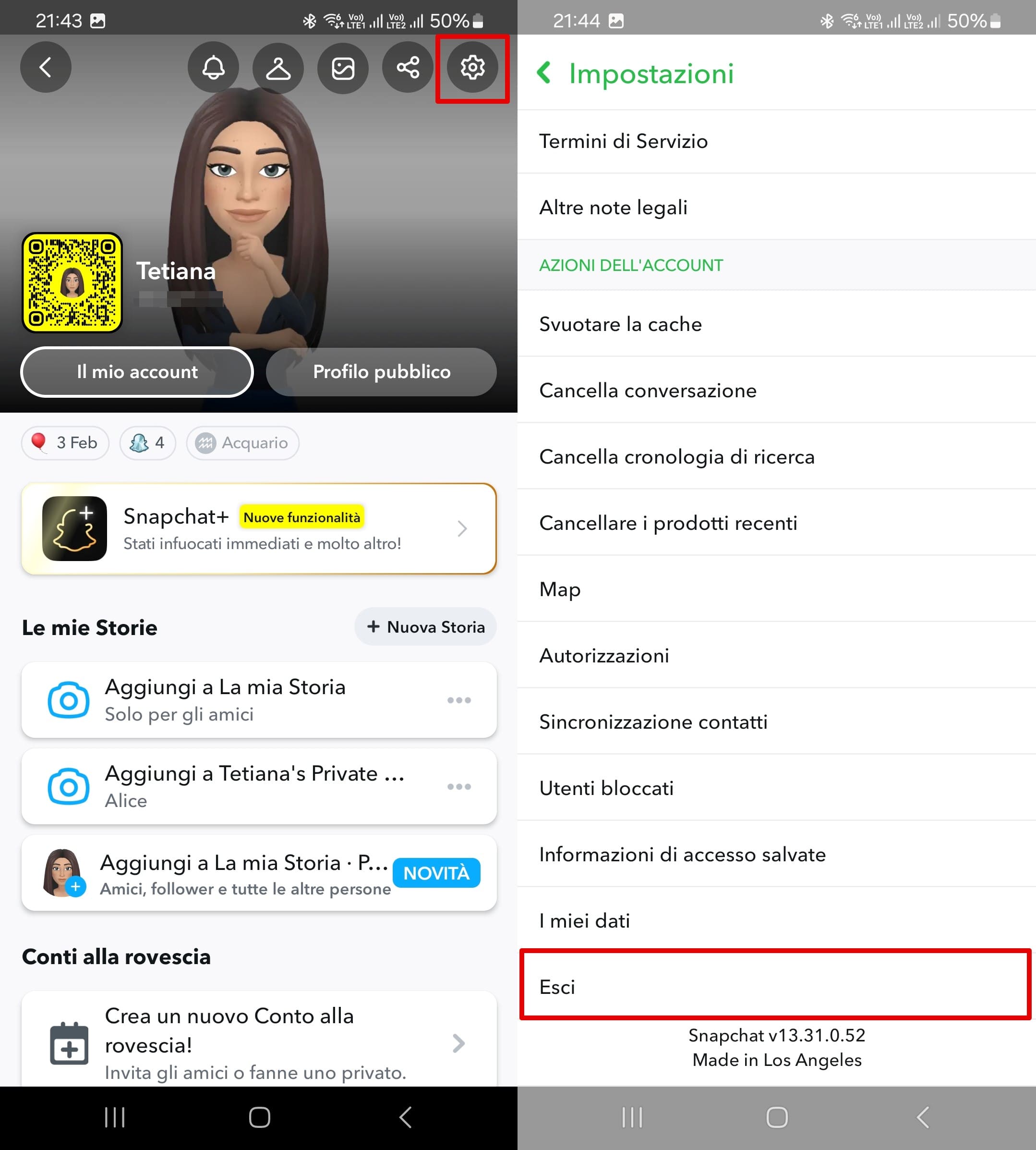 Fai clic sull'ingranaggio nell'angolo destro e seleziona Esci in fondo all'elenco.