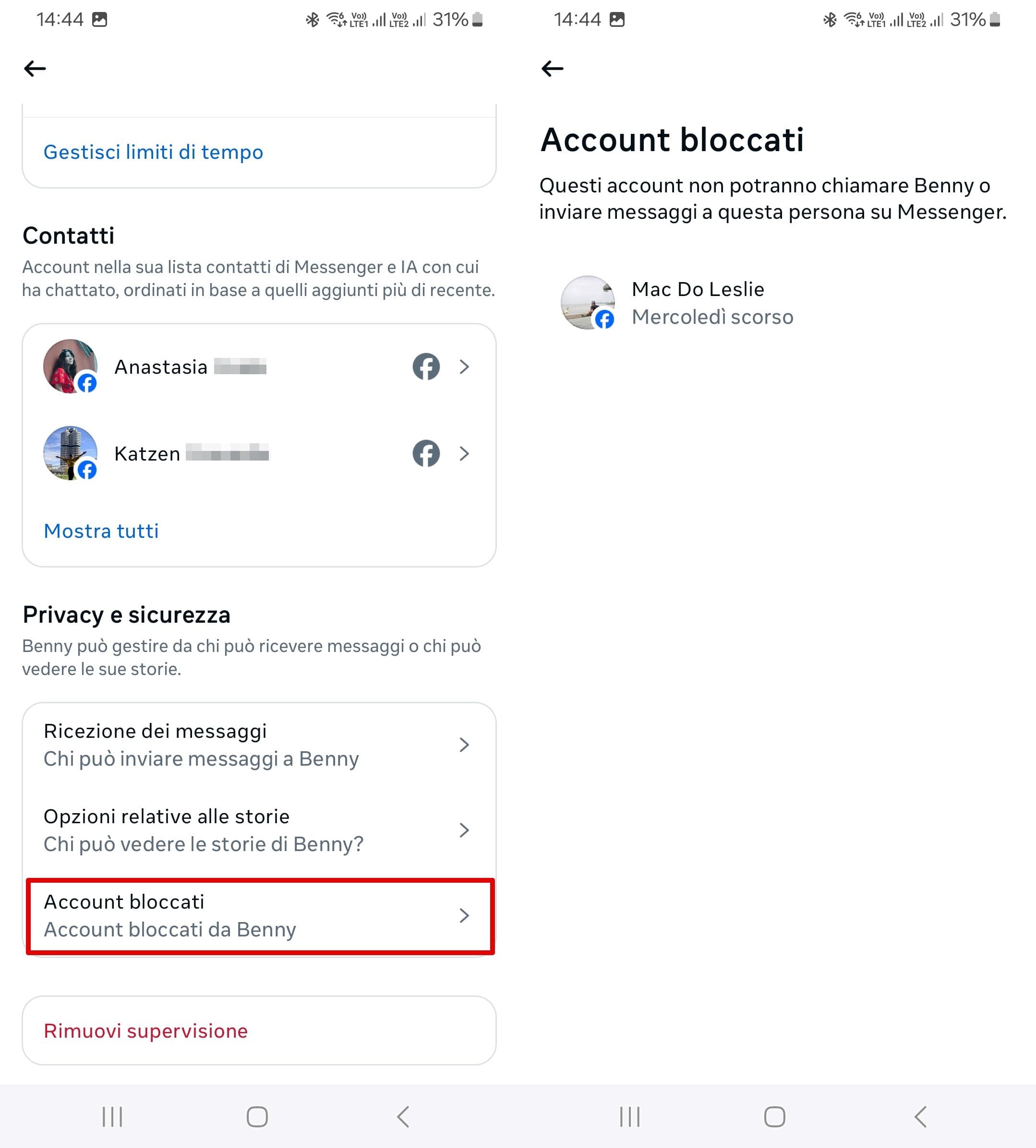 Elenco degli account bloccati sul Messenger di un bambino, visibile nella funzione di supervisione per i genitori.