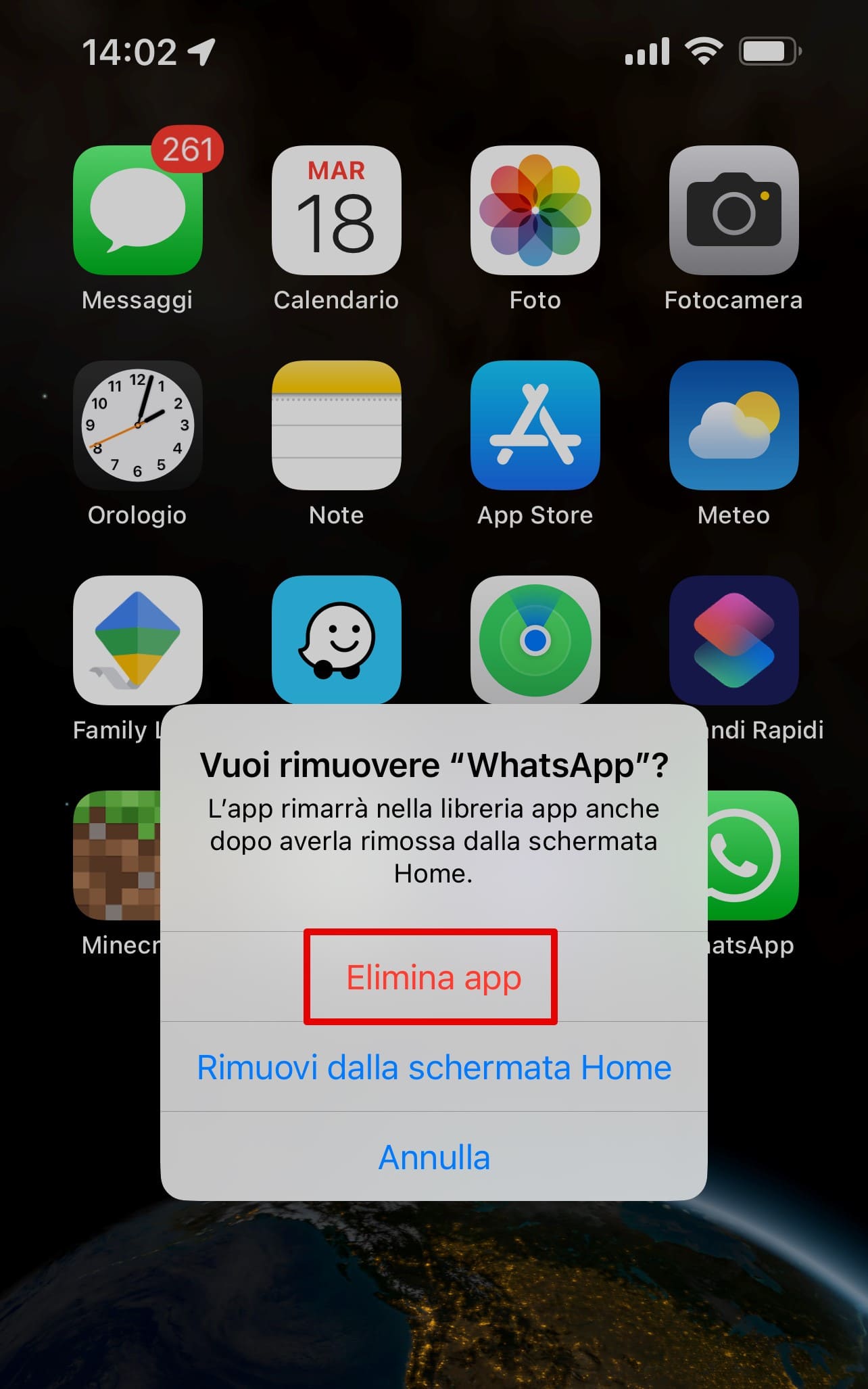 Disinstalla l'applicazione facendo clic sull'icona.